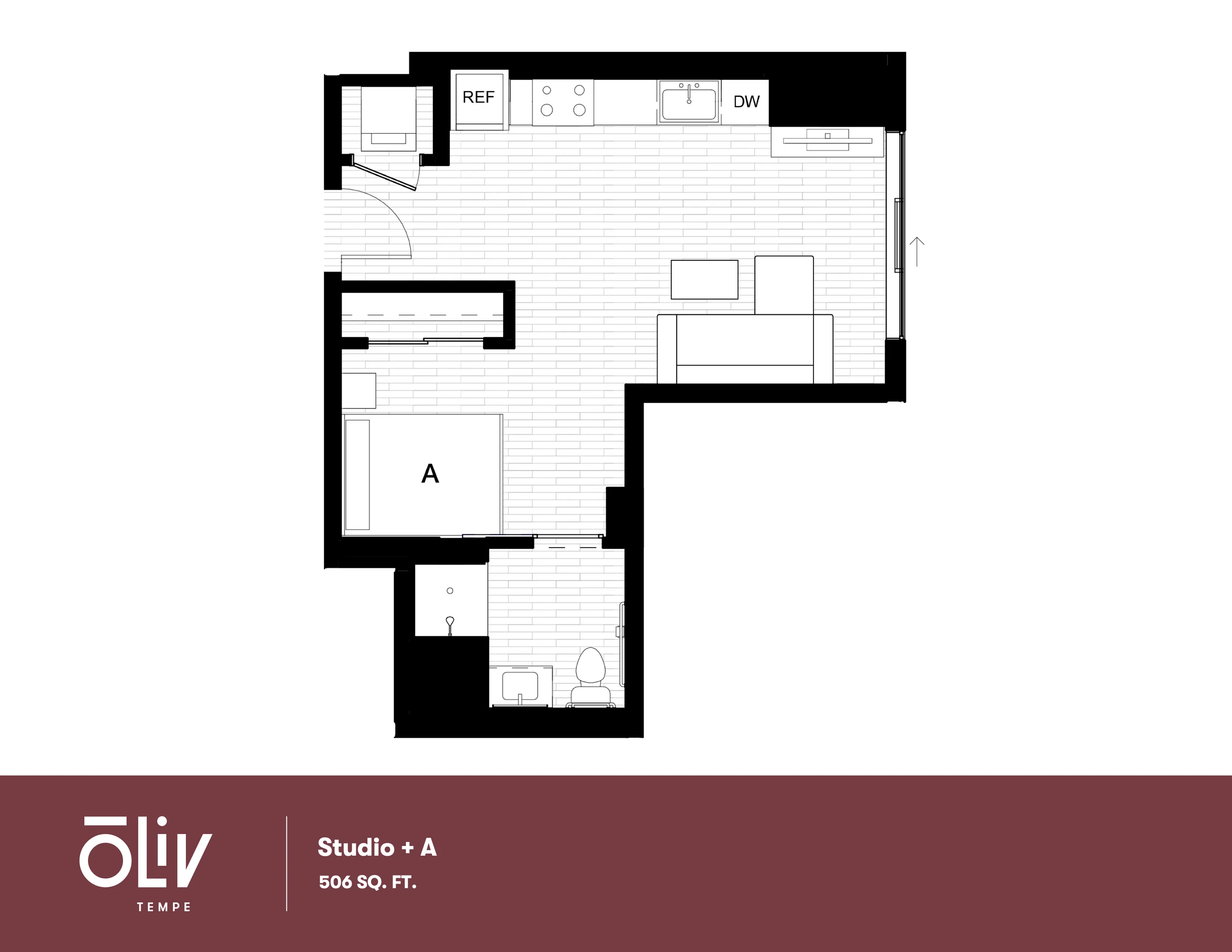 Modern and efficient floor plan of Studio + A, featuring an open living area with kitchen, cozy sleeping space, and compact bathroom, 506 sq. ft.
