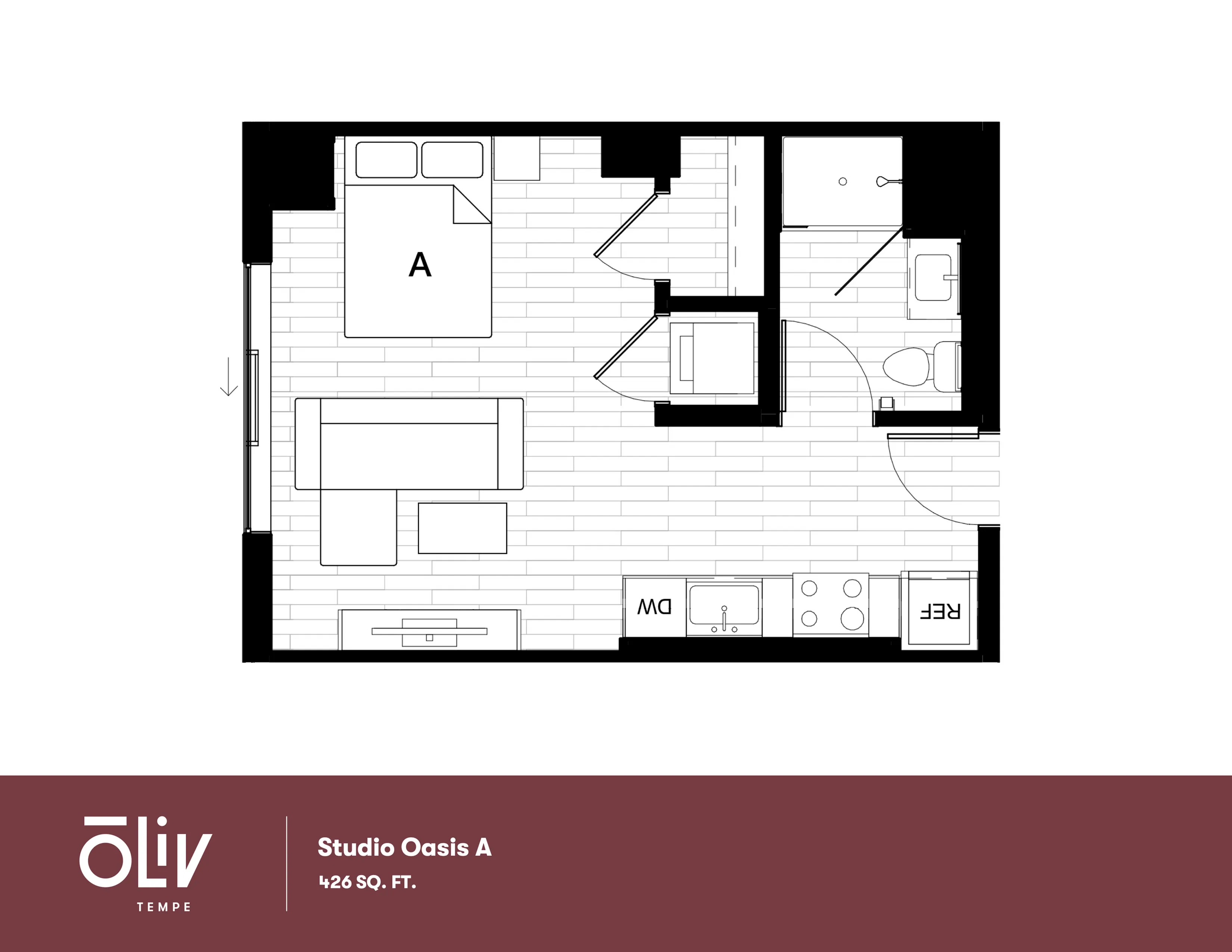 Sophisticated studio floor plan featuring an open-concept living area with integrated kitchen, cozy sleeping nook, and modern bathroom, spanning 426 sq ft in Oliv Tempe.