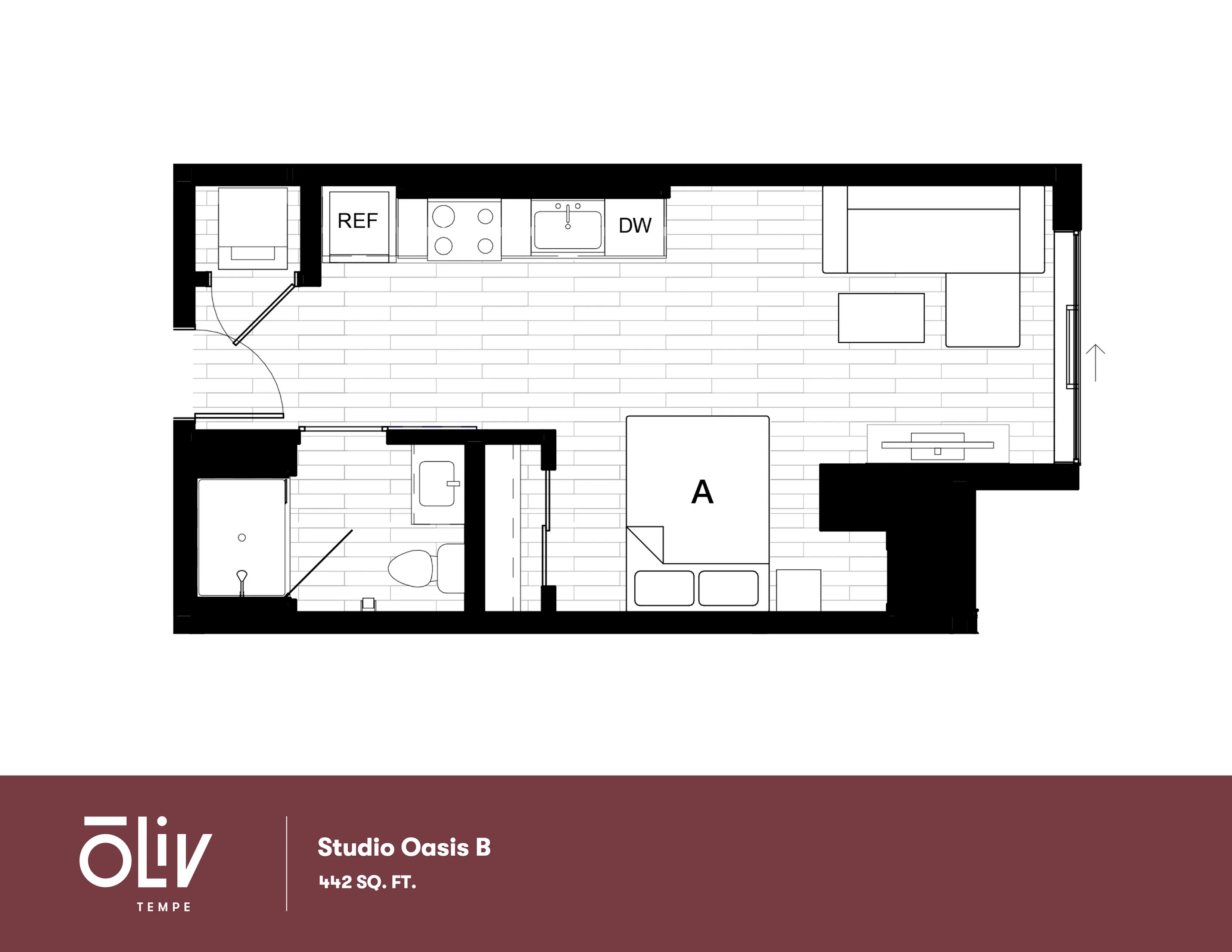 Chic Studio Oasis B floor plan with open layout, modern kitchen, cozy living area, and efficient design in 442 sq. ft.