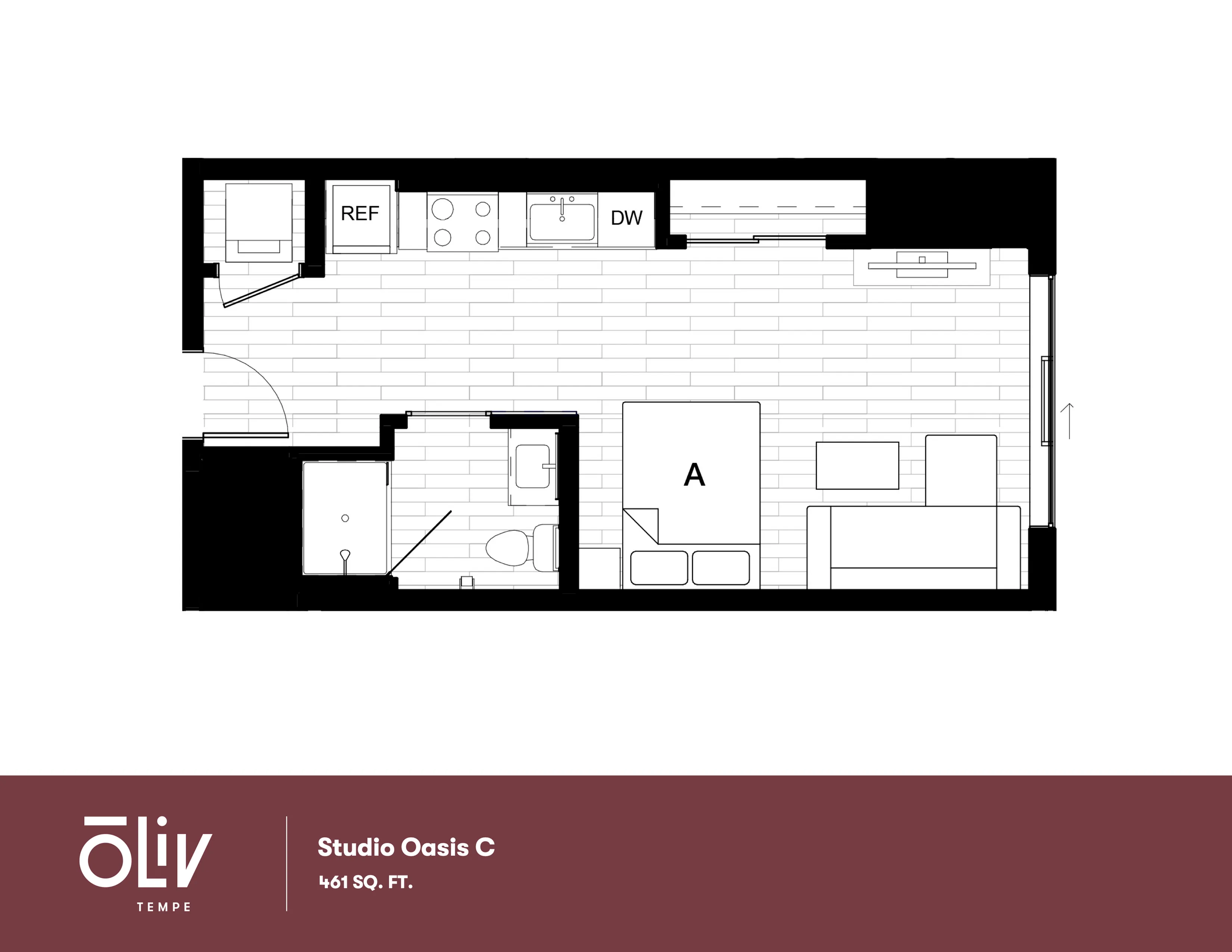Modern studio floor plan called Studio Oasis C, featuring an efficient layout with integrated kitchen, cozy living area, and spacious bathroom in 461 sq. ft.