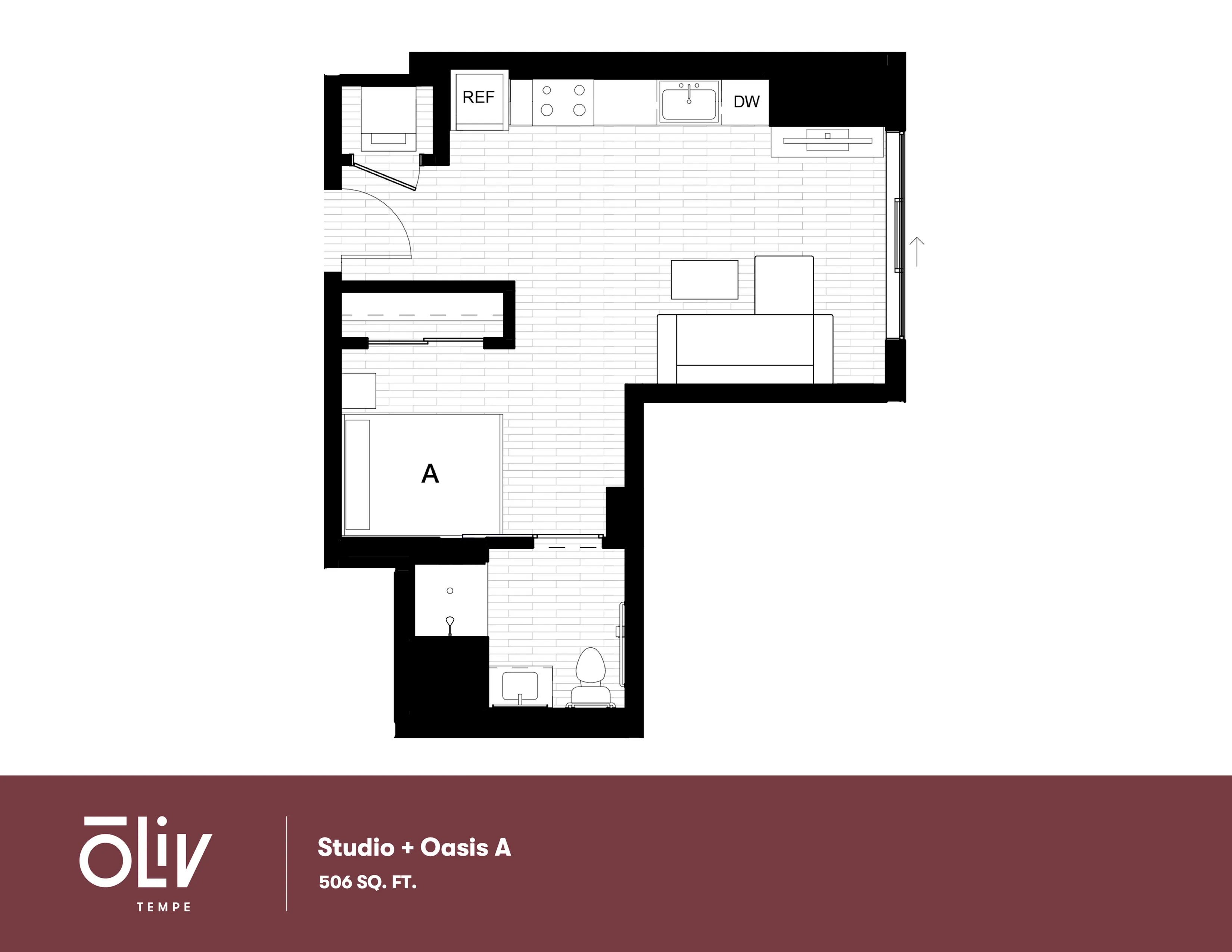 Modern floor plan of Studio Oasis A with open-concept living space and kitchenette, 506 sq ft in Oliv Tempe.