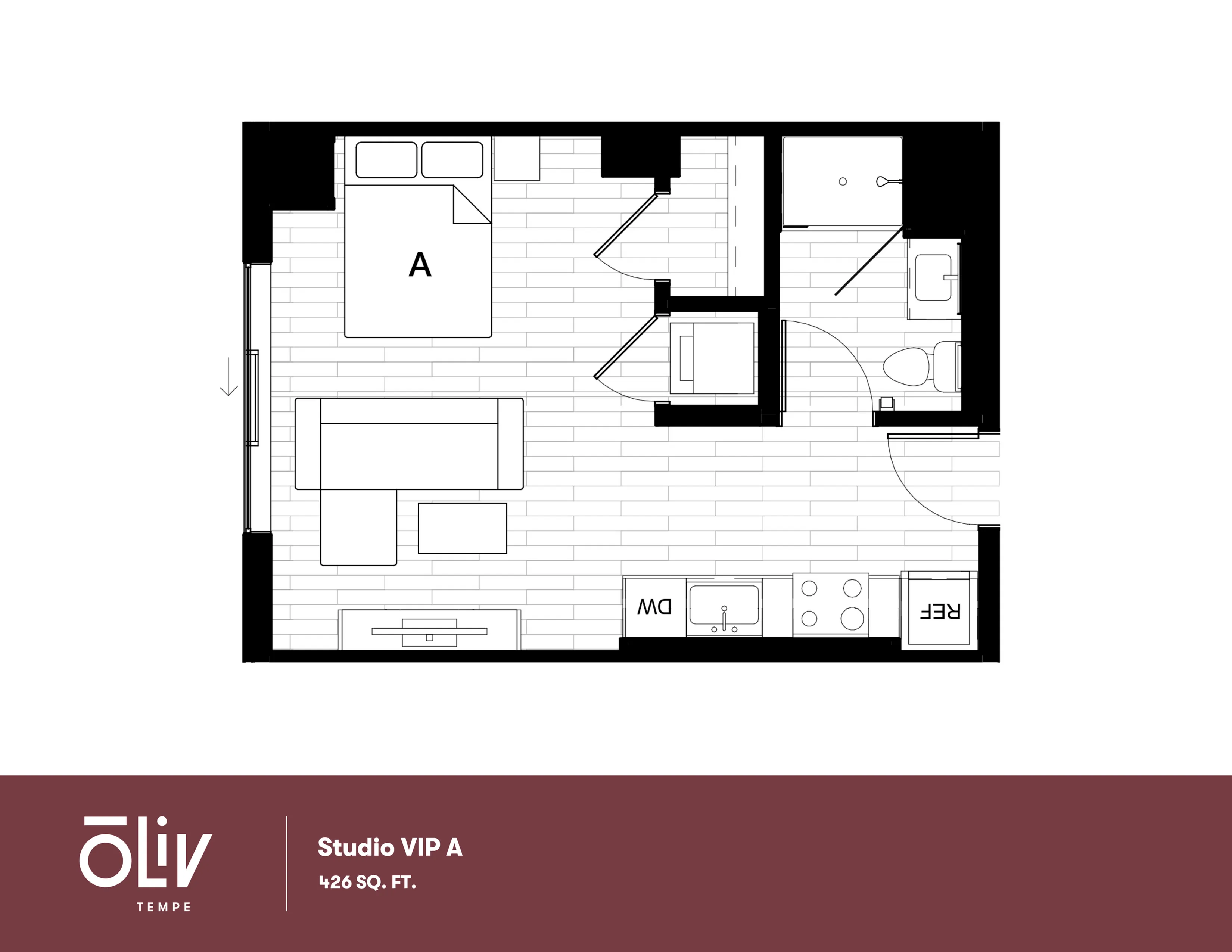 Cozy Studio VIP A floor plan, featuring an open layout with 1 bedroom, modern kitchen, and spacious living area, totaling 426 sq ft at Oliv Tempe.