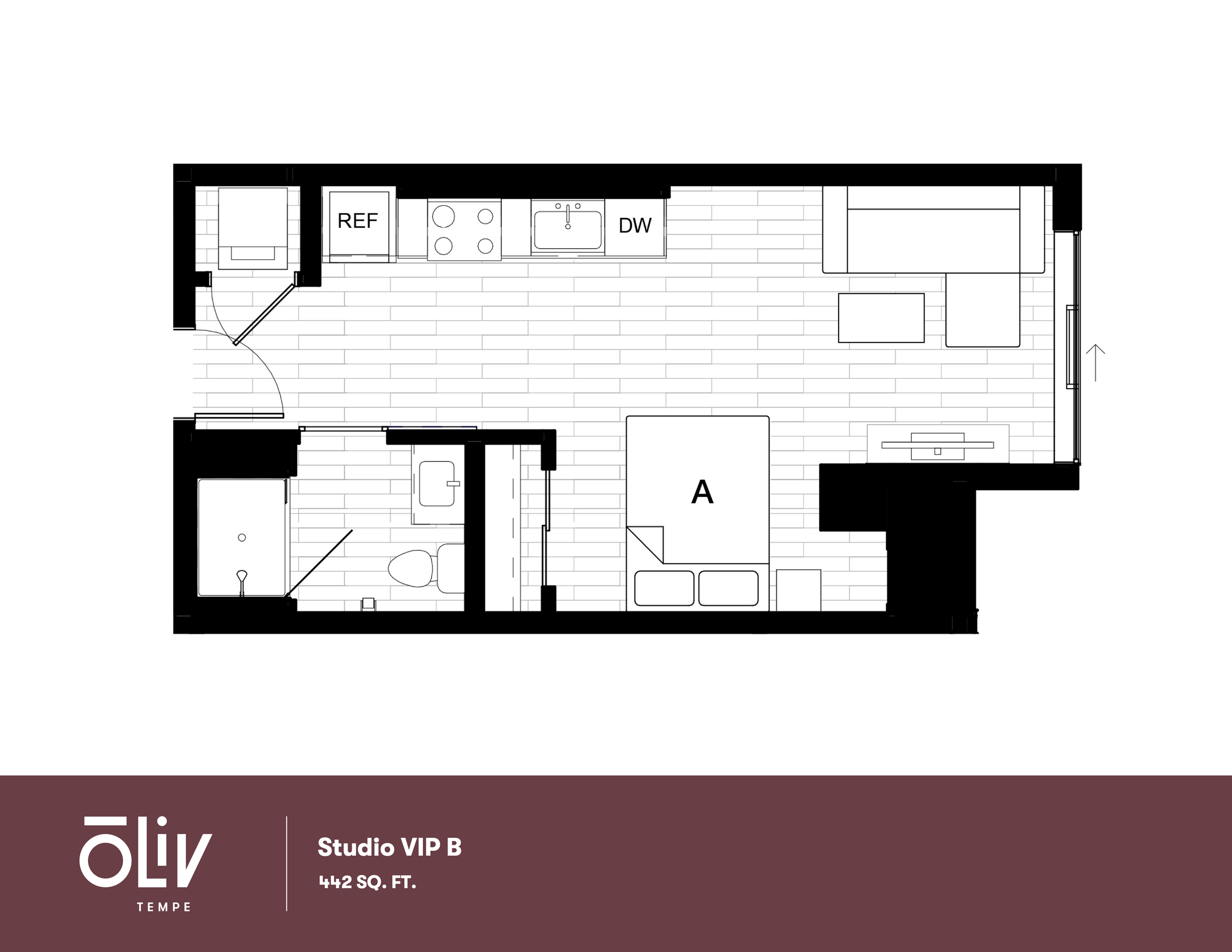 Modern Studio VIP B floor plan featuring an efficient layout with 442 sq. ft., including a cozy living area, kitchenette, and a private bathroom.