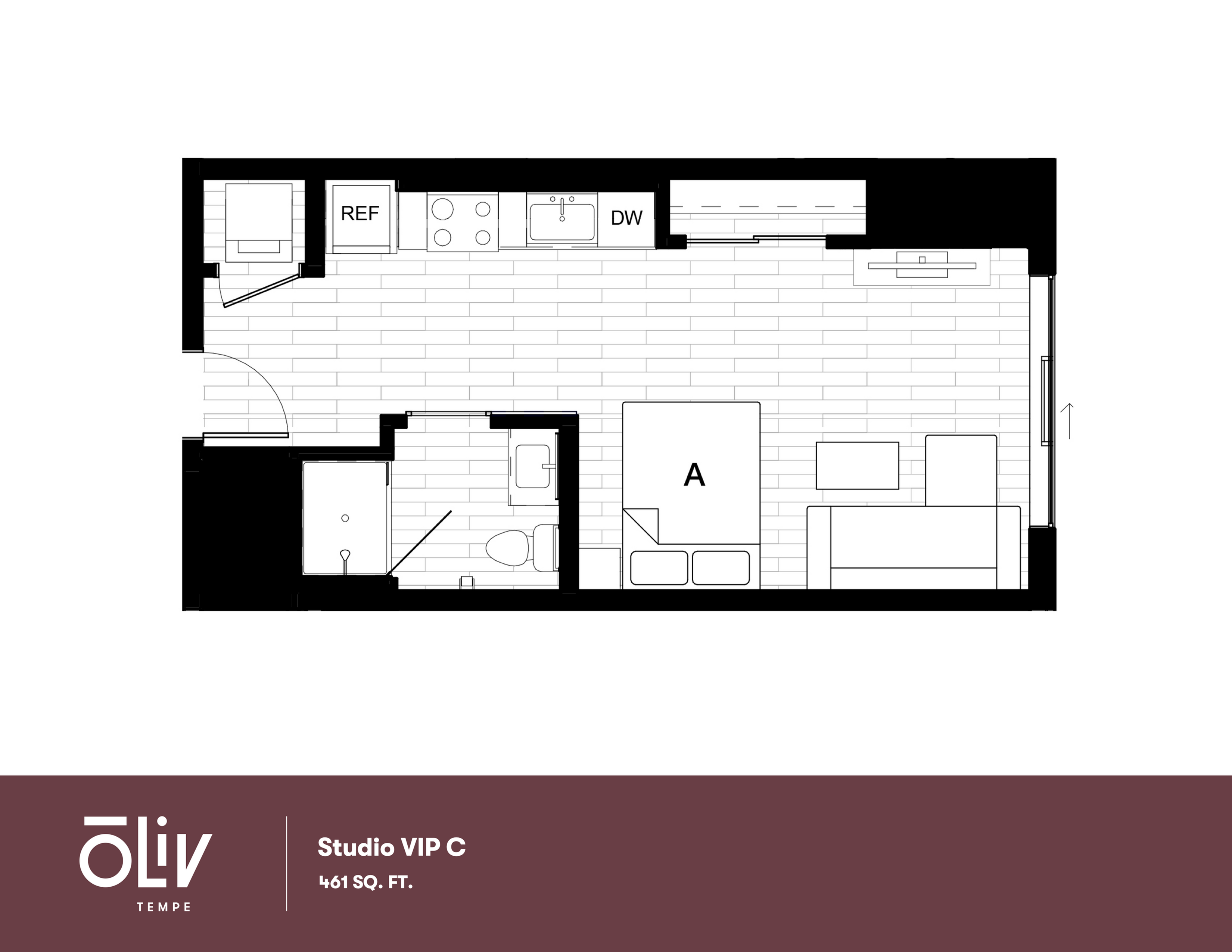 Modern Studio VIP C floor plan showcasing an open-concept design with integrated kitchen, living area, and sleeping space, covering 461 sq. ft.