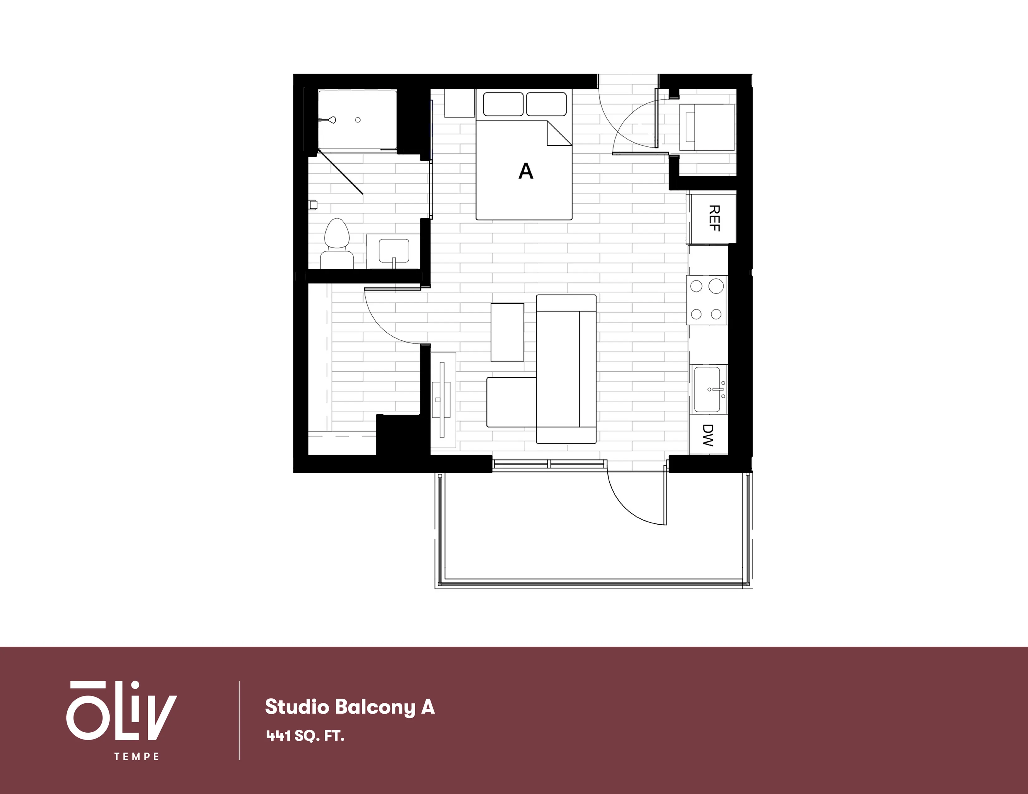 Modern studio floor plan featuring an open living area with a kitchen, private balcony, and a sleek bathroom, spanning 441 sq. ft.
