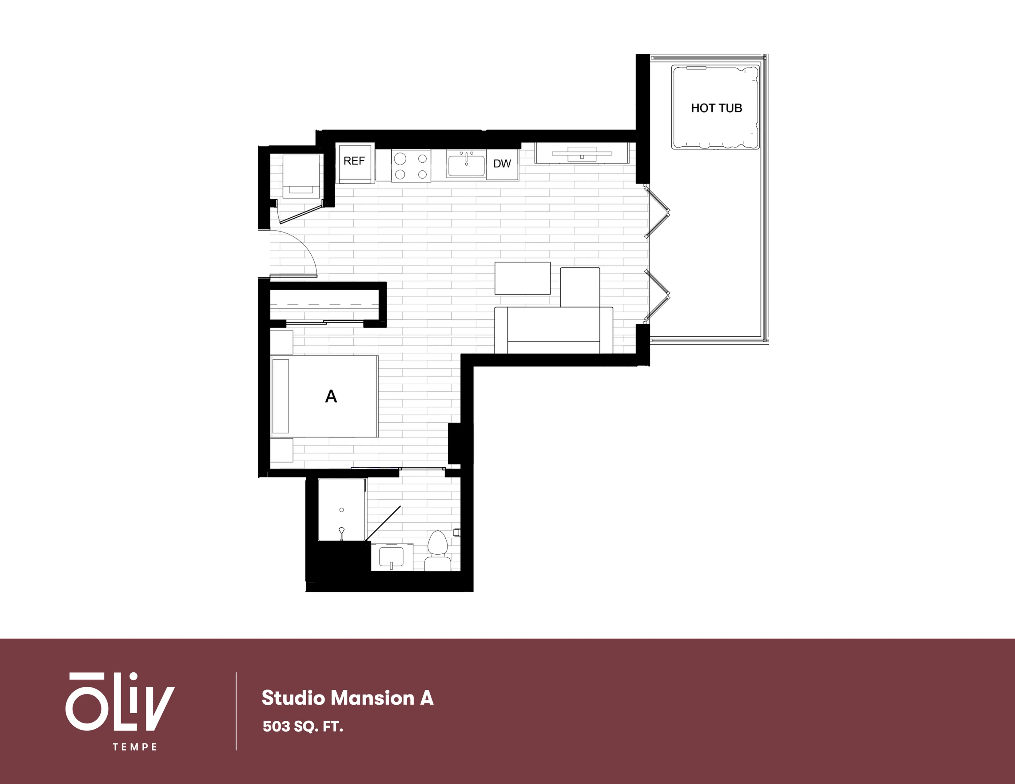 Modern Studio Mansion A floor plan with 503 sq. ft., featuring a cozy bedroom, open kitchen, spacious living area, and private hot tub.