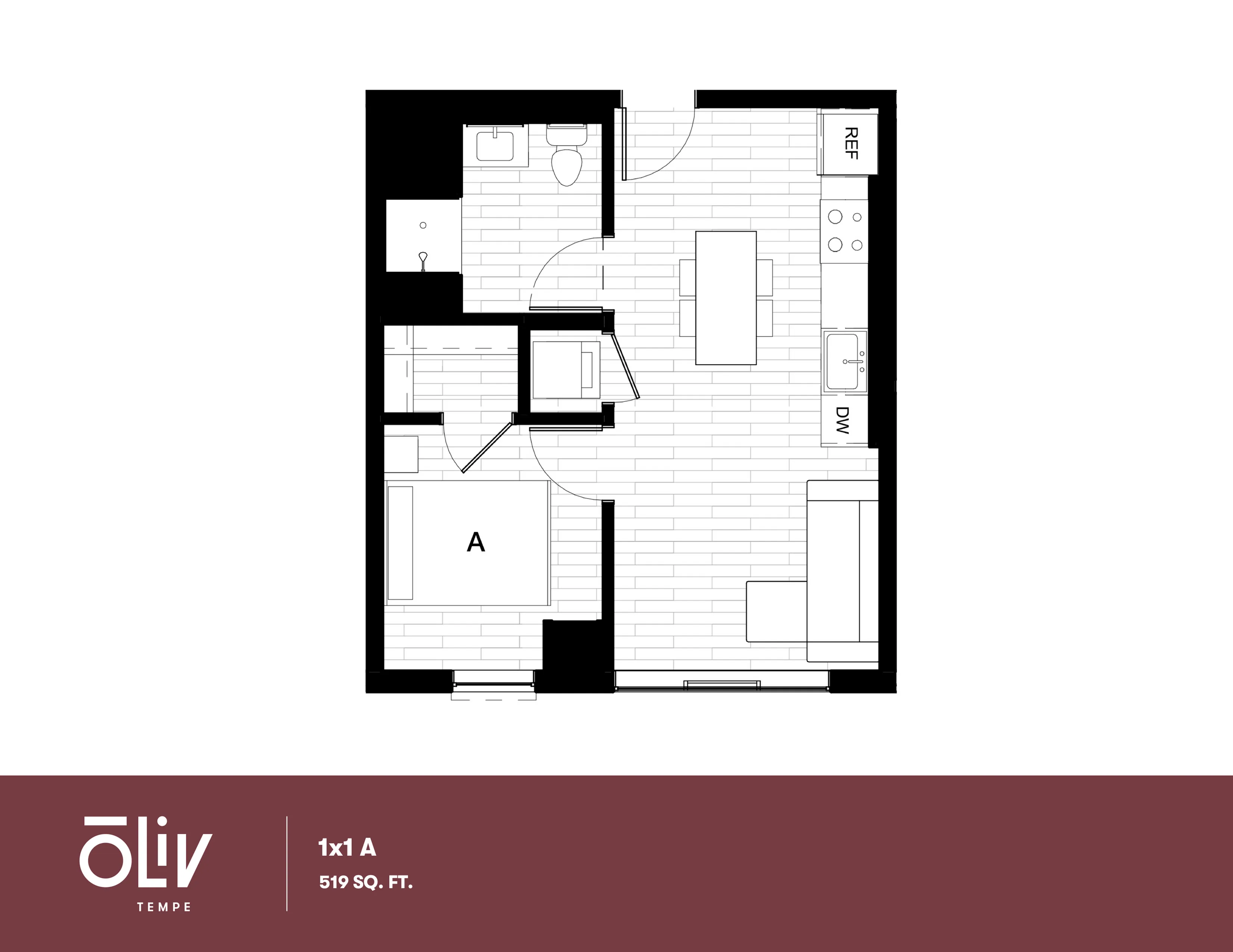 Modern 1-bedroom apartment floor plan featuring an open-concept kitchen and living area, 519 sq ft at Oliv Tempe.