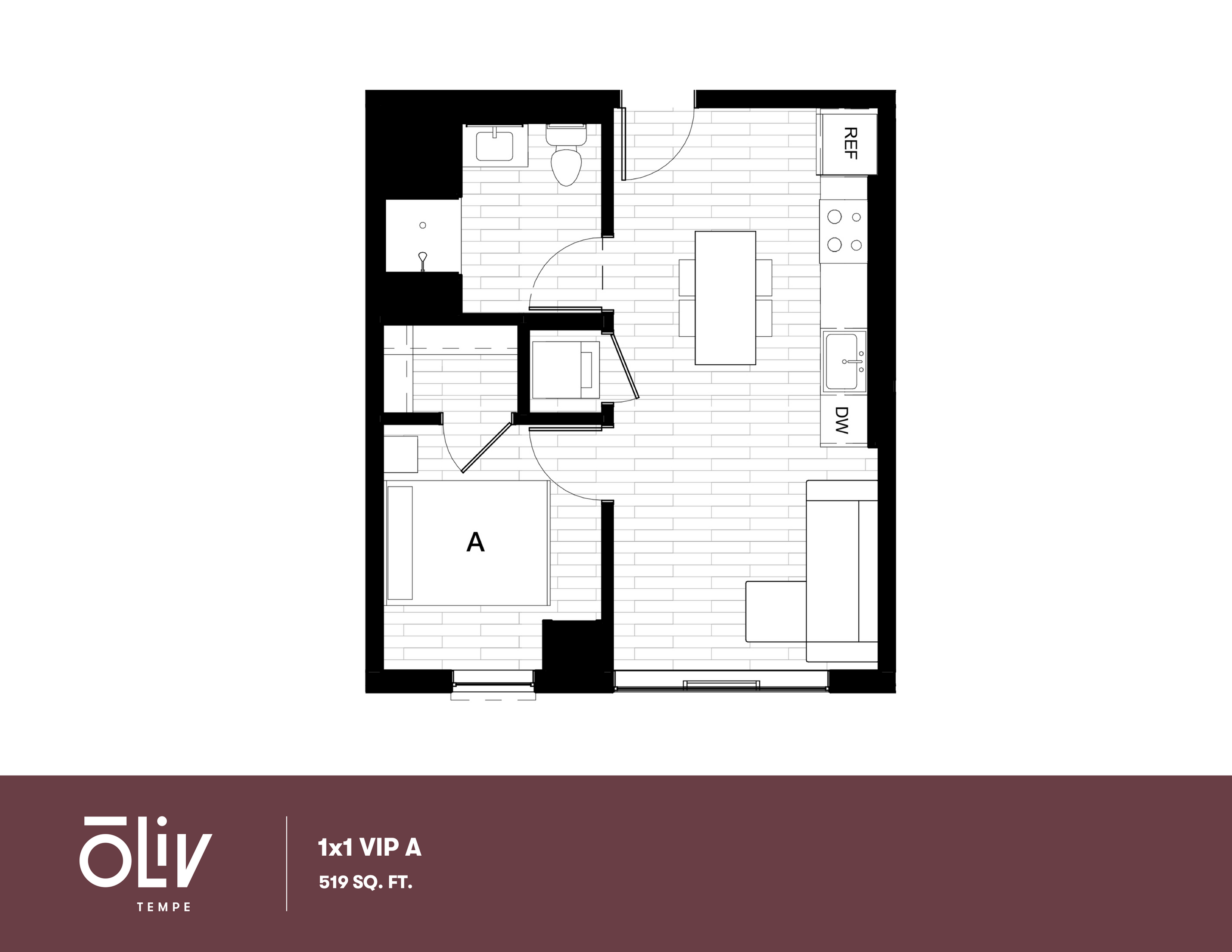 Chic 1x1 VIP A floor plan showcasing a modern 1-bedroom apartment with open living and dining area in 519 sq. ft.