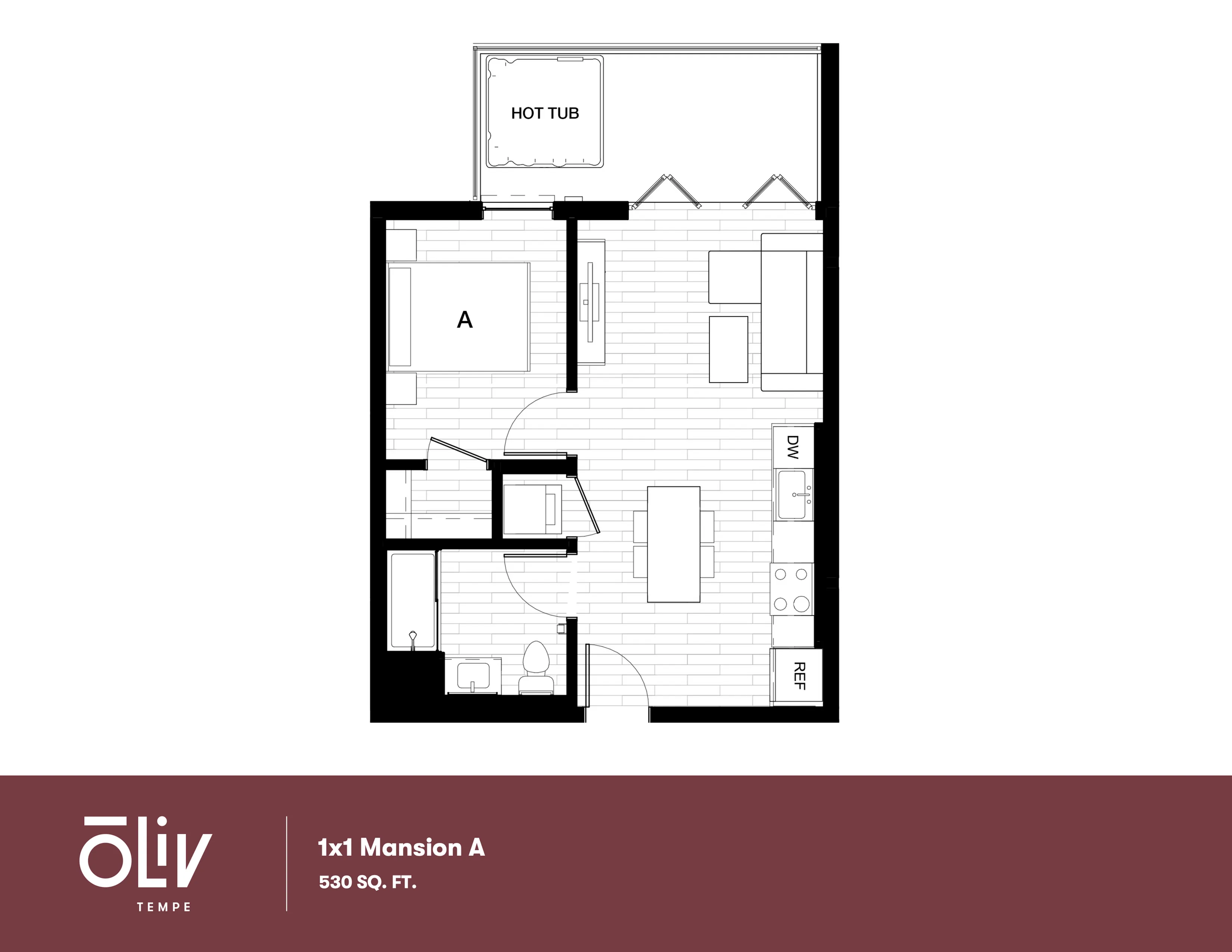 Modern 1x1 Mansion A floor plan featuring a cozy bedroom, open living area, efficient kitchen, and exclusive hot tub in 530 sq ft.