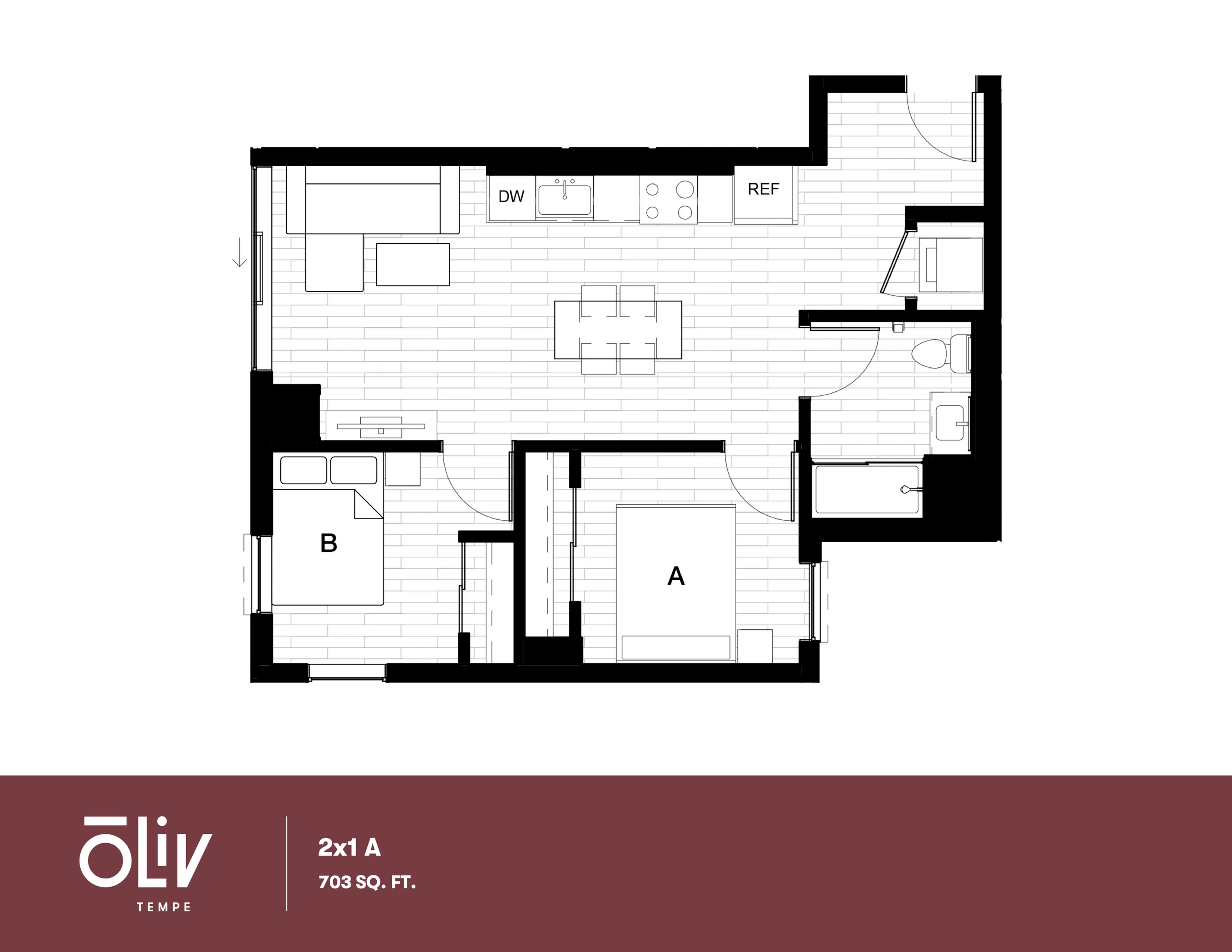 Modern floor plan featuring 2 bedrooms, open living space, and sleek kitchen in 703 sq ft layout at Oliv Tempe.