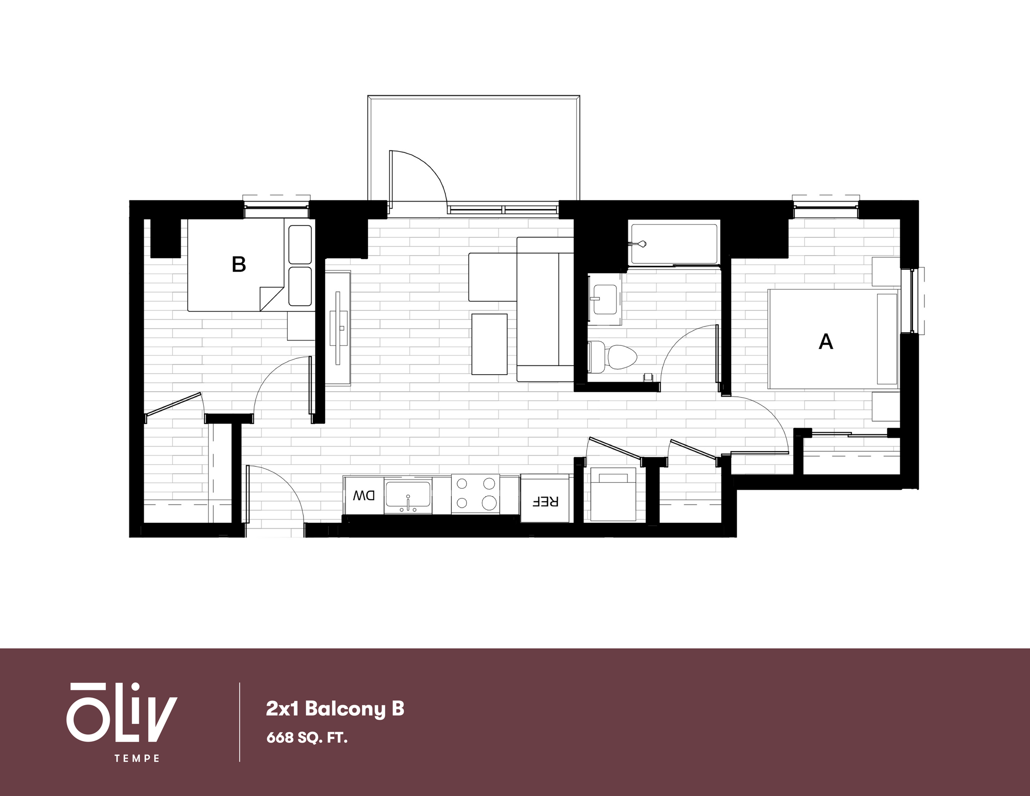 Elegant floor plan of a 668 sq. ft. apartment featuring 2 bedrooms, an inviting balcony, and a modern open-concept kitchen and living area.