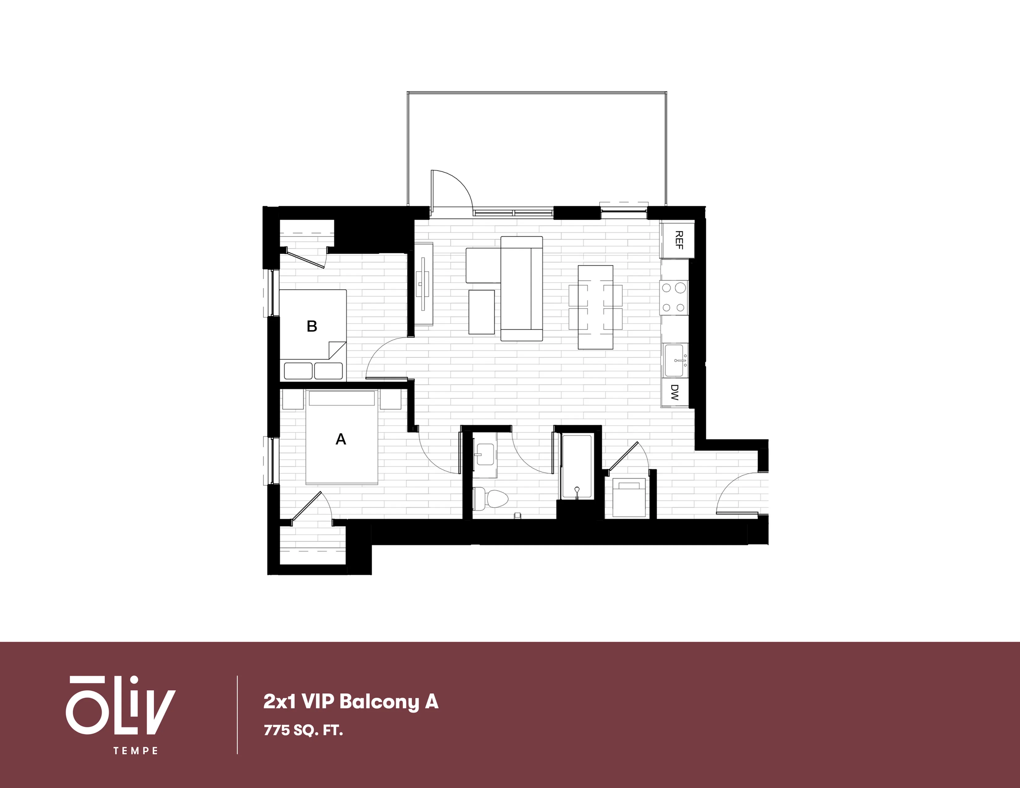 Modern floor plan featuring 2 bedrooms with a spacious living and dining area, kitchen, and balcony, totaling 775 sq. ft.