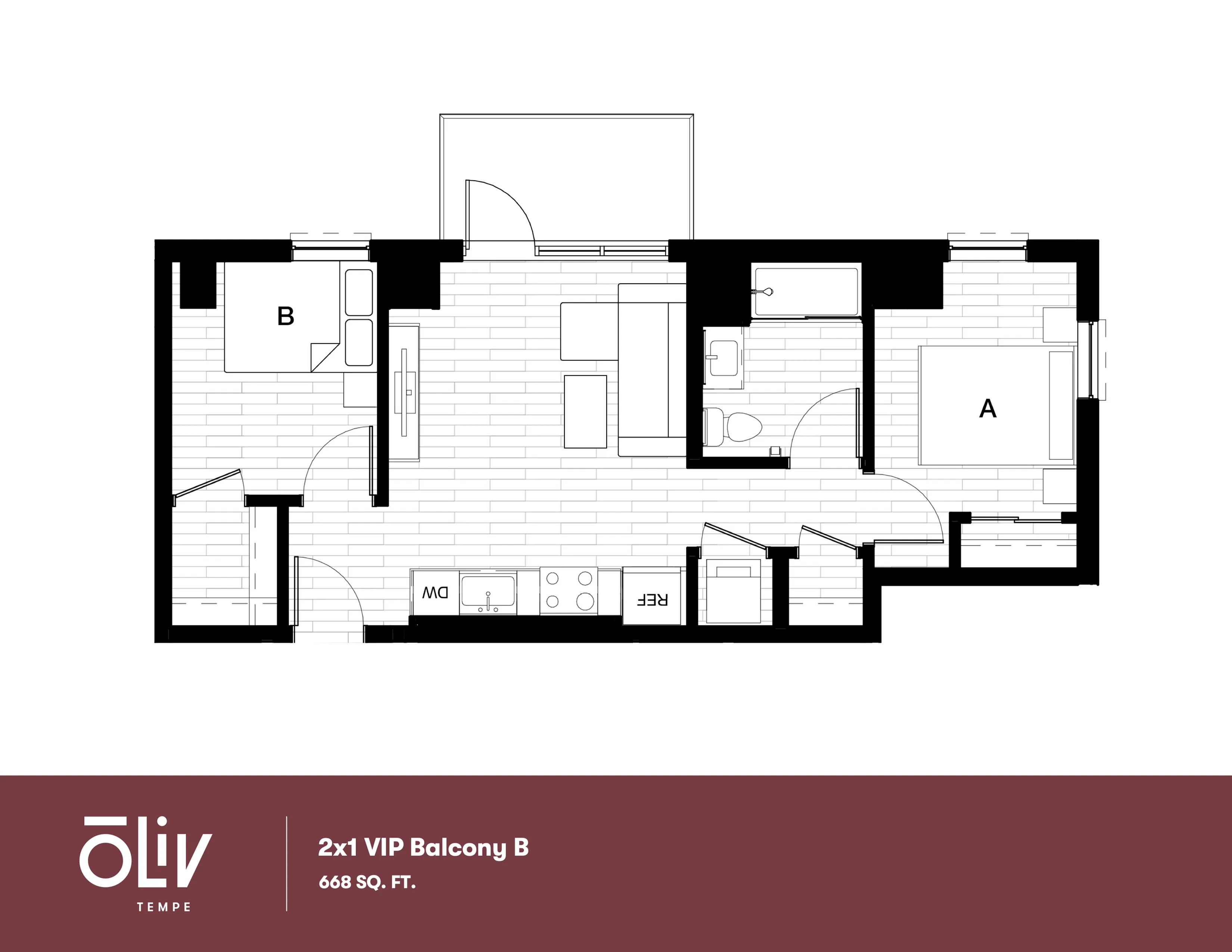 Elegant 2x1 VIP Balcony B floor plan with two cozy bedrooms, modern kitchen, and inviting living area, spanning 668 sq ft at Oliv Tempe.