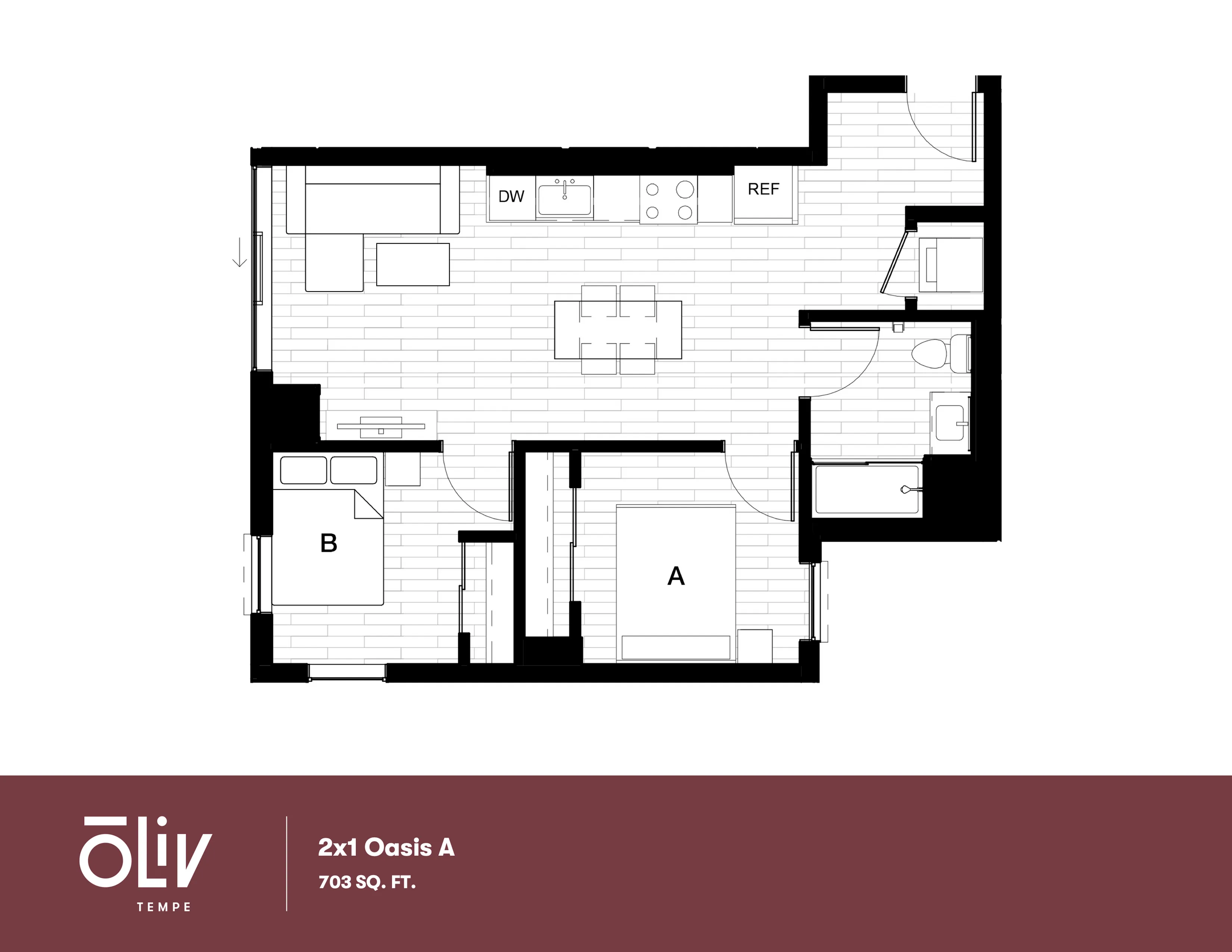 Modern 2x1 Oasis A floor plan featuring a spacious open-concept living area and kitchen, 703 sq. ft.