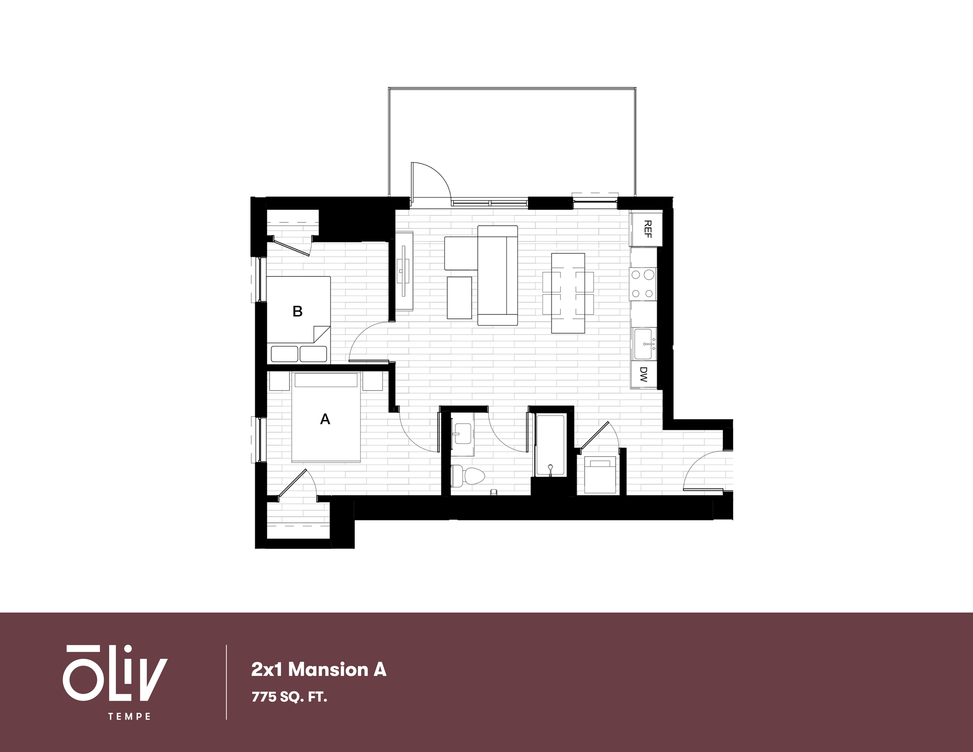 Modern 2D floor plan of 2x1 Mansion A featuring two bedrooms, a stylish open kitchen, and spacious living area, totaling 775 sq. ft.