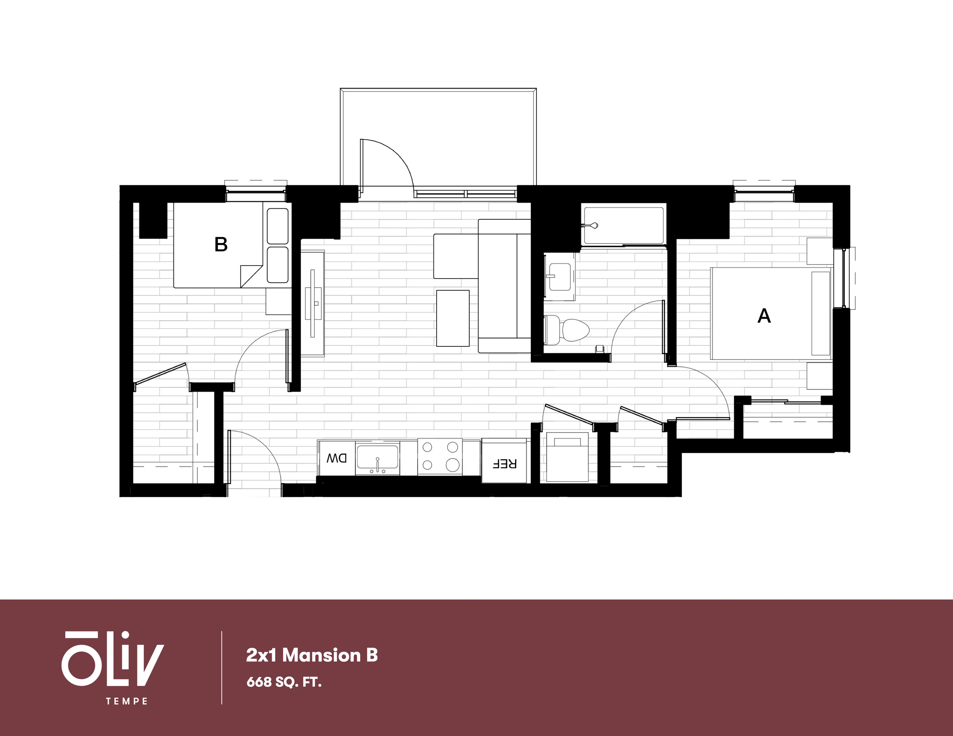 Modern 2x1 Mansion B floor plan with open living space, cozy bedrooms, and stylish kitchen, spanning 668 sq. ft.