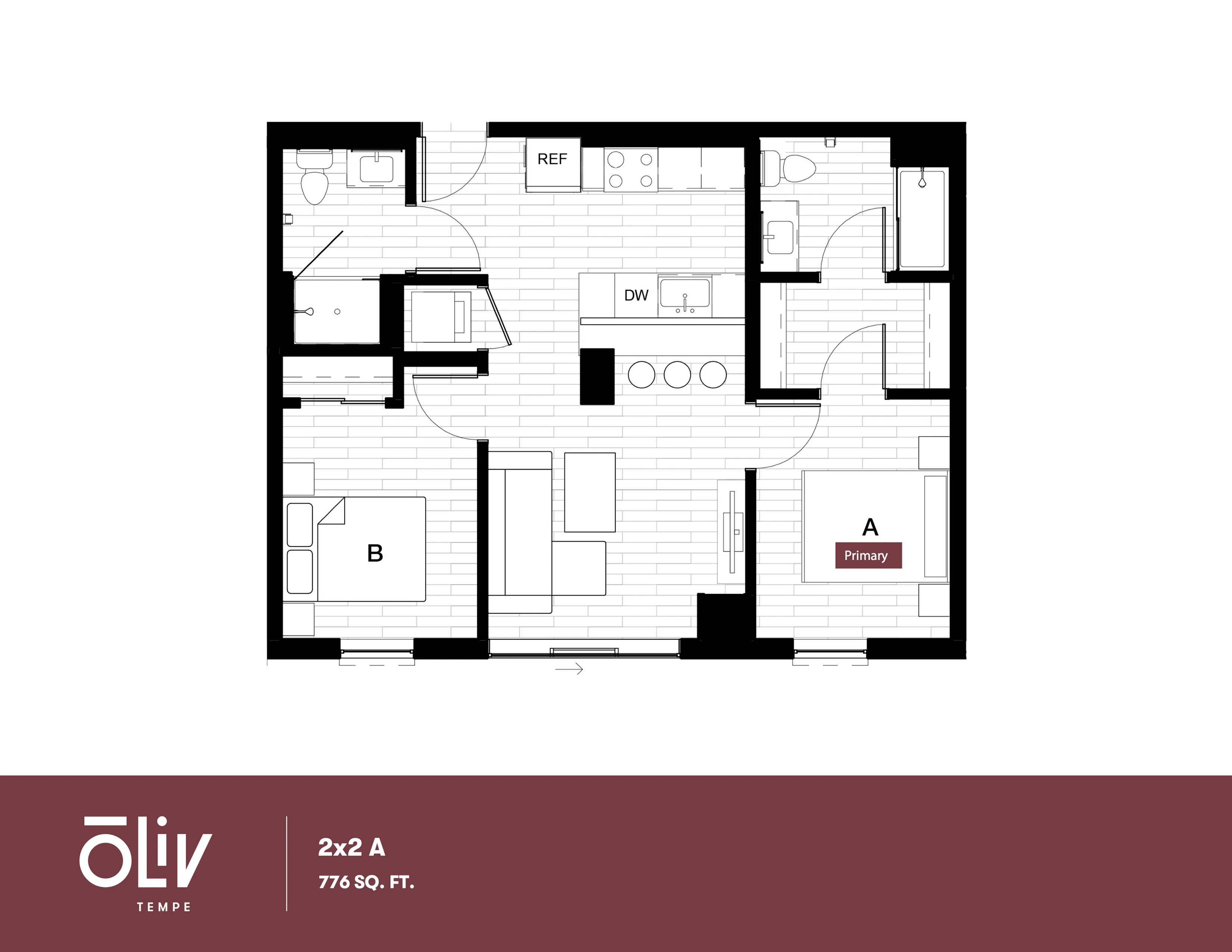 Modern 2D floor plan of a spacious 776 sq. ft. apartment featuring 2 bedrooms, 2 bathrooms, an elegant open-concept living area, and a well-appointed kitchen.