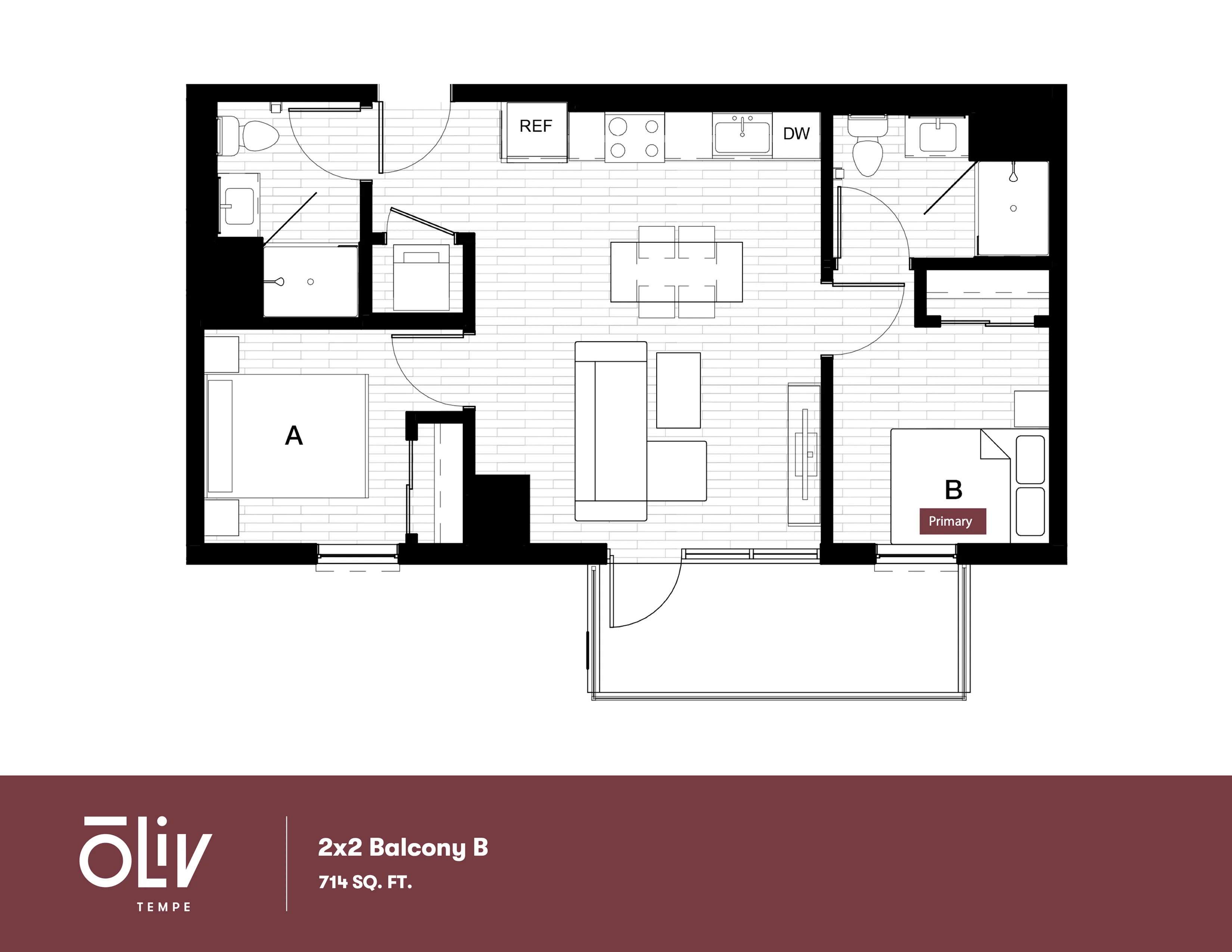 Modern 2D floor plan showcasing a 2-bedroom apartment with an open-concept living area, full kitchen, and private balcony, spanning 714 sq ft.