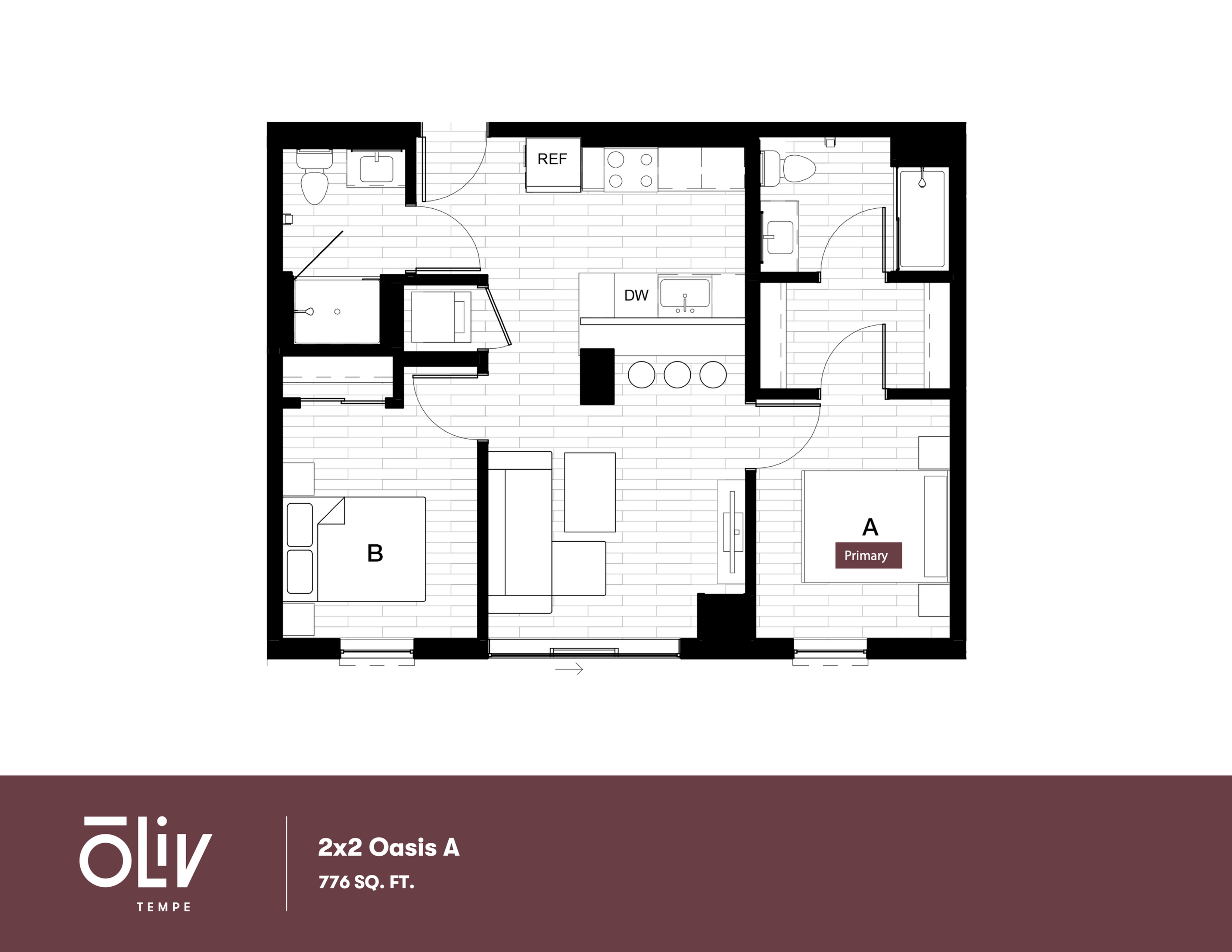 Oasis A floor plan at Oliv Tempe featuring 2 bedrooms, 2 bathrooms, and a modern open-concept layout, 776 sq ft.