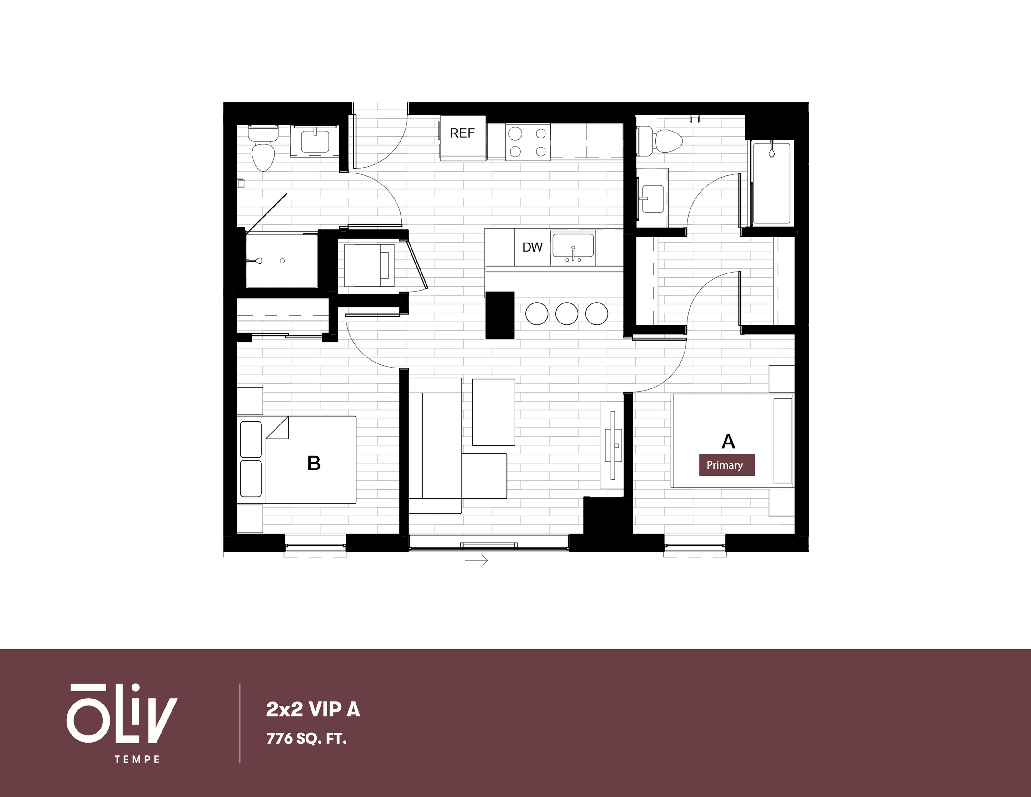 Modern 2x2 VIP A floor plan with 776 sq. ft., featuring two spacious bedrooms, open kitchen design, inviting living area, and two stylish bathrooms at Oliv Tempe.