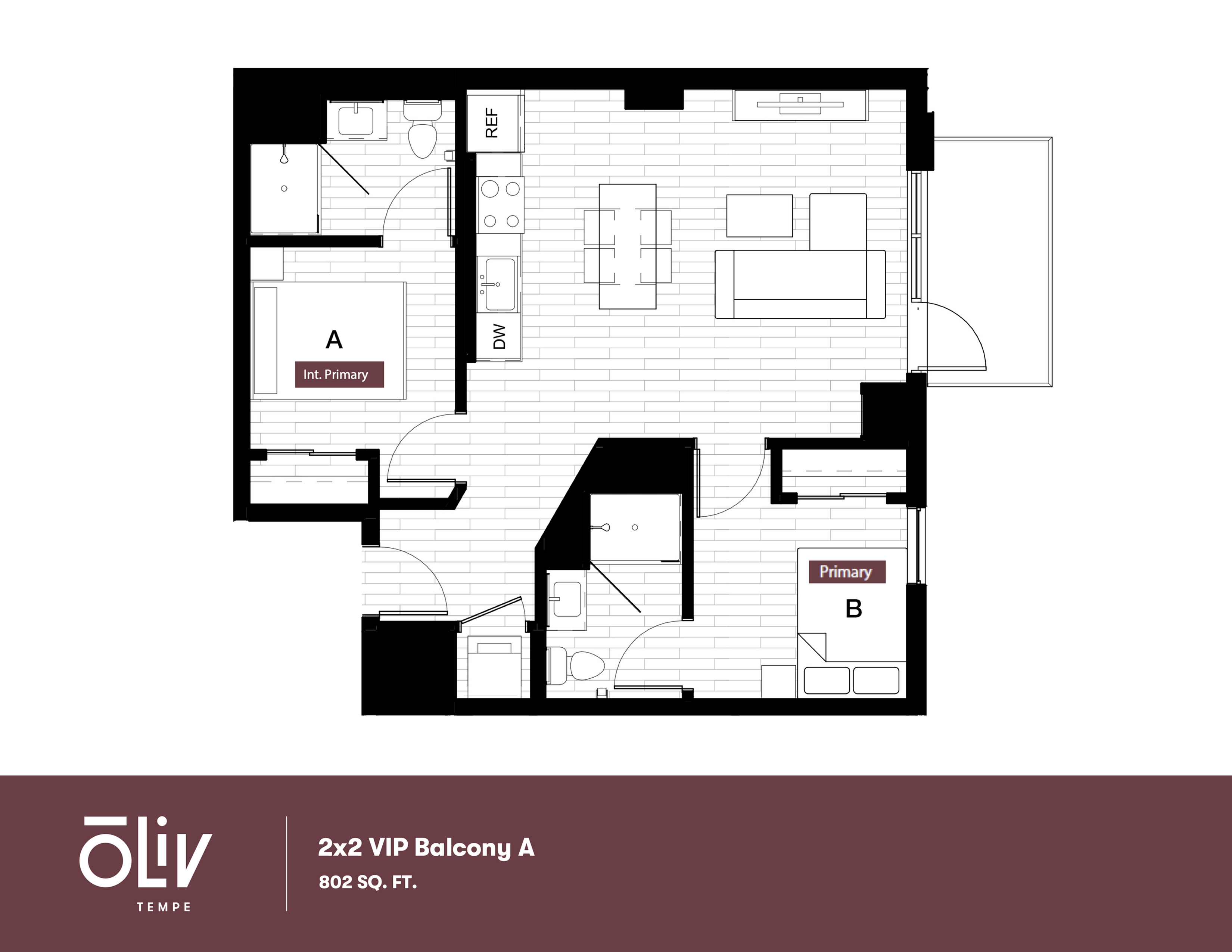 Chic 2x2 VIP Balcony A floor plan with two bedrooms, open kitchen-living space, and balcony, covering 802 sq. ft. of modern elegance.