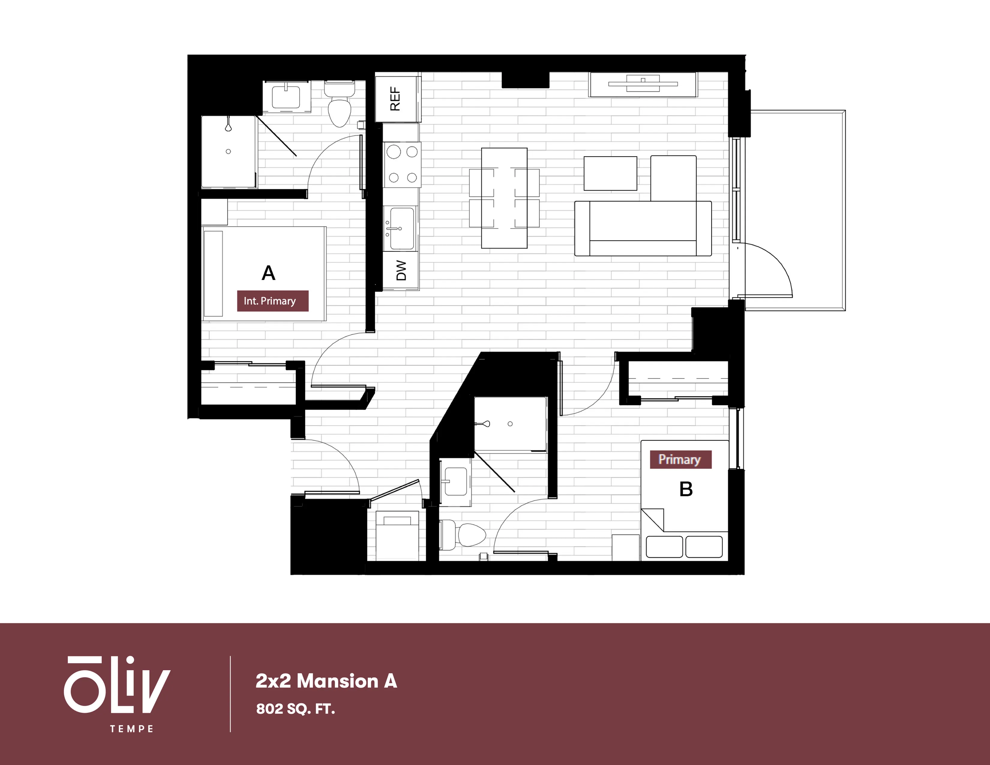 Oliv Tempe 802 sq. ft. 2x2 Mansion A floor plan featuring two spacious bedrooms, a modern open-concept living area, and a functional kitchen layout.