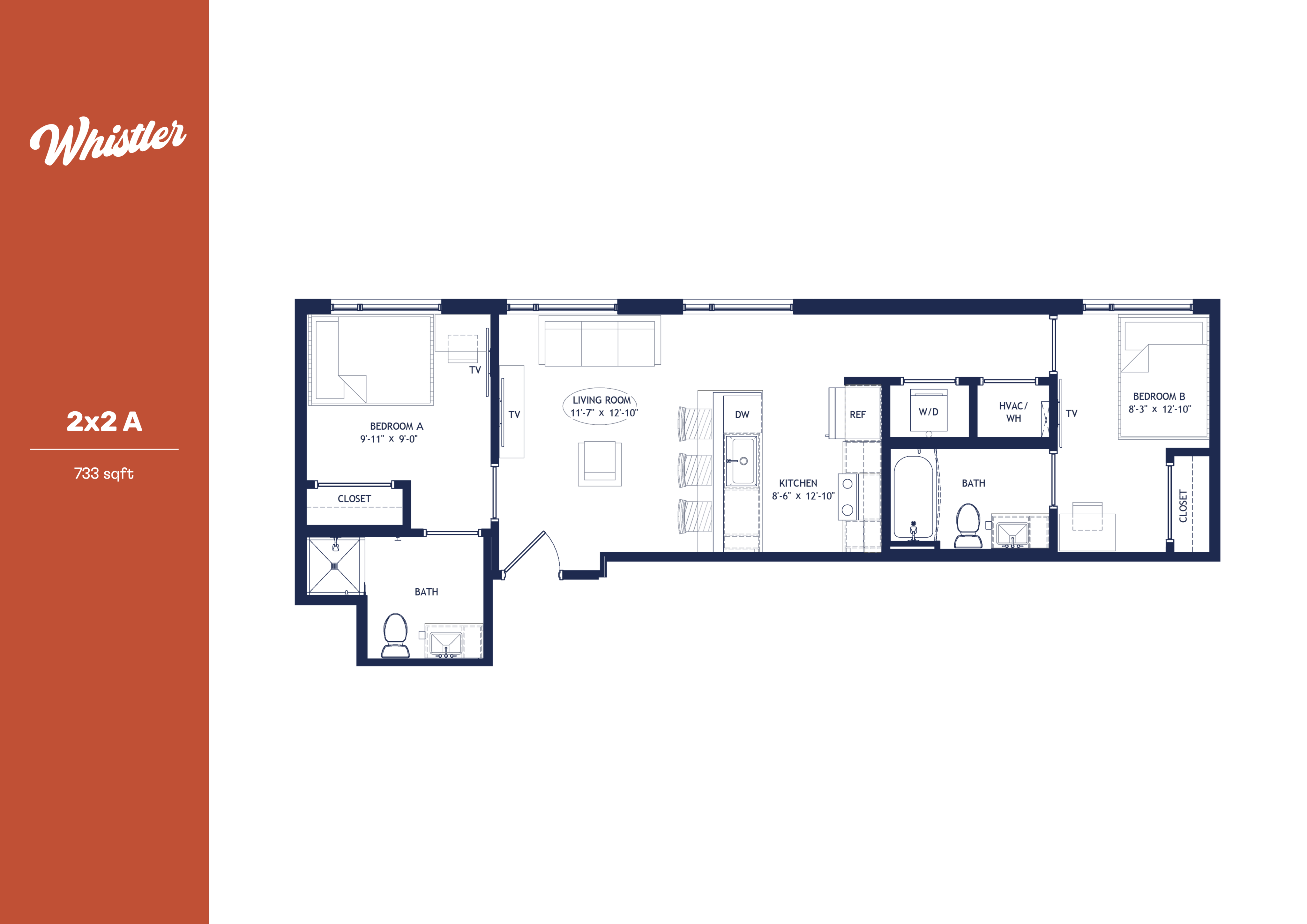 Whistler 2x2 A floor plan showcasing a modern 733 sqft layout with 2 bedrooms, an expansive living room, and a sleek kitchen.