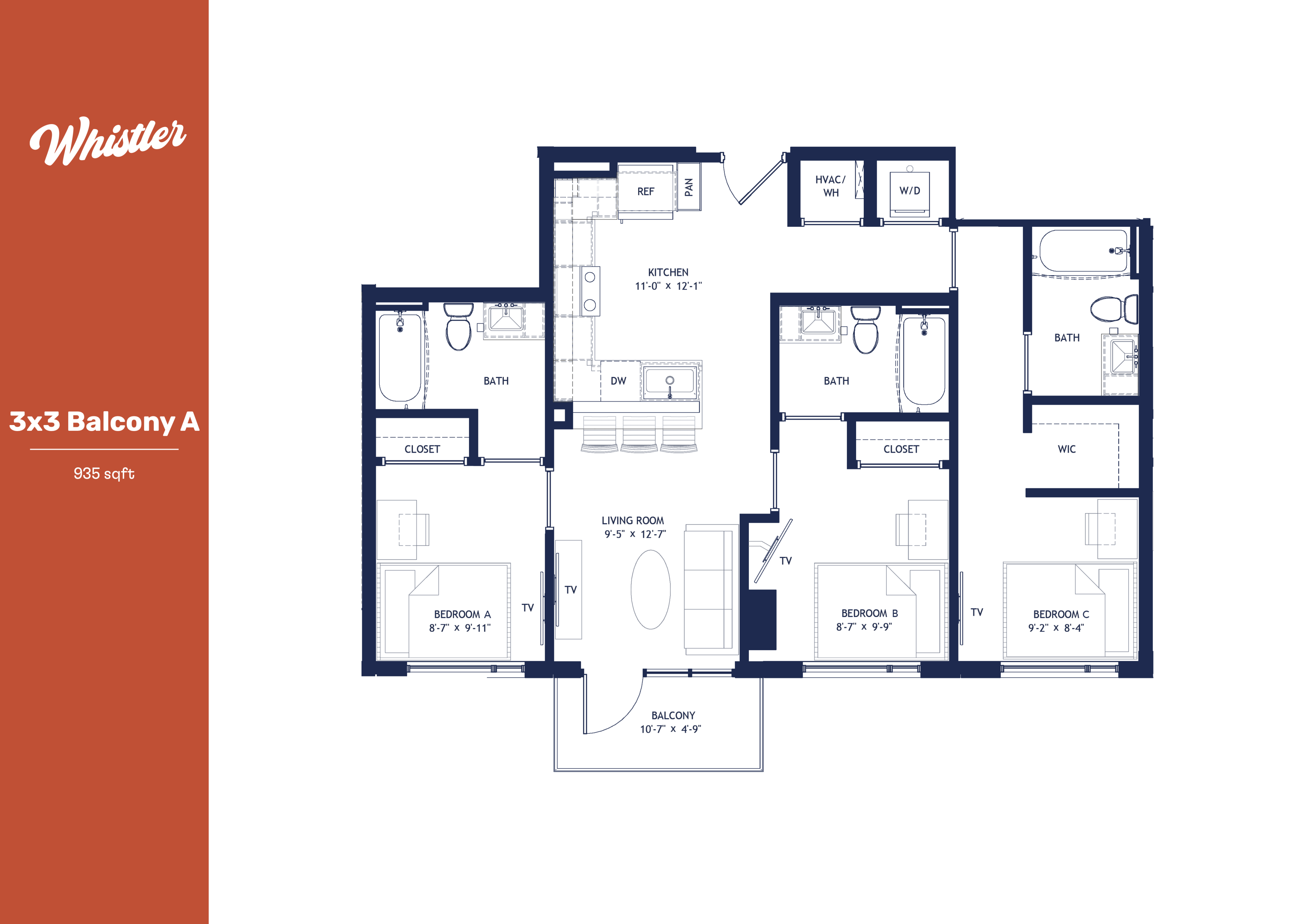 Chic Whistler 3x3 Balcony A floor plan featuring three spacious bedrooms, two baths, and a vibrant open living area, all within 935 sq ft.