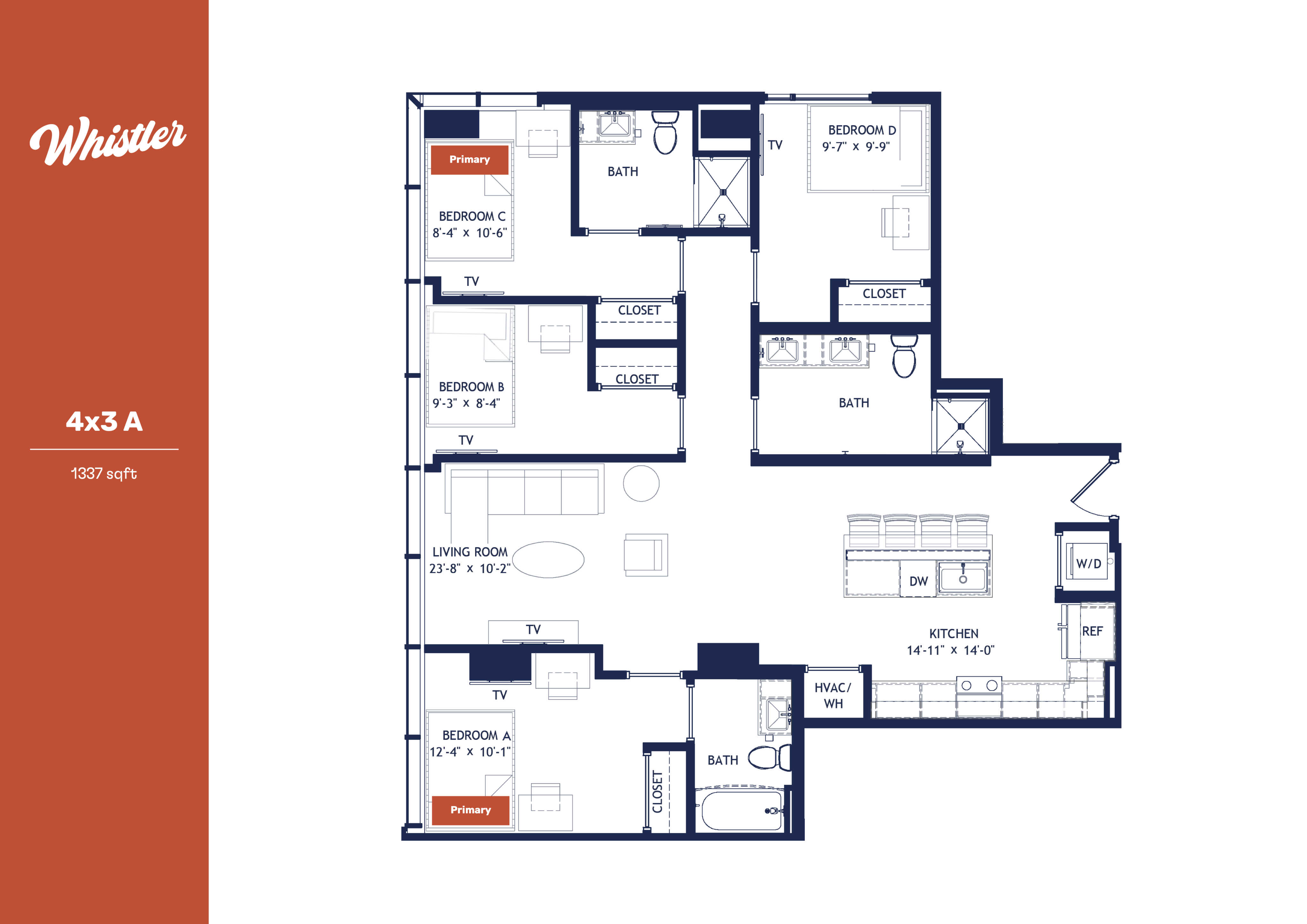 Modern Whistler floor plan 4x3 A showcasing a spacious 1337 sqft layout with four bedrooms, three bathrooms, a generous living room, and a contemporary kitchen.