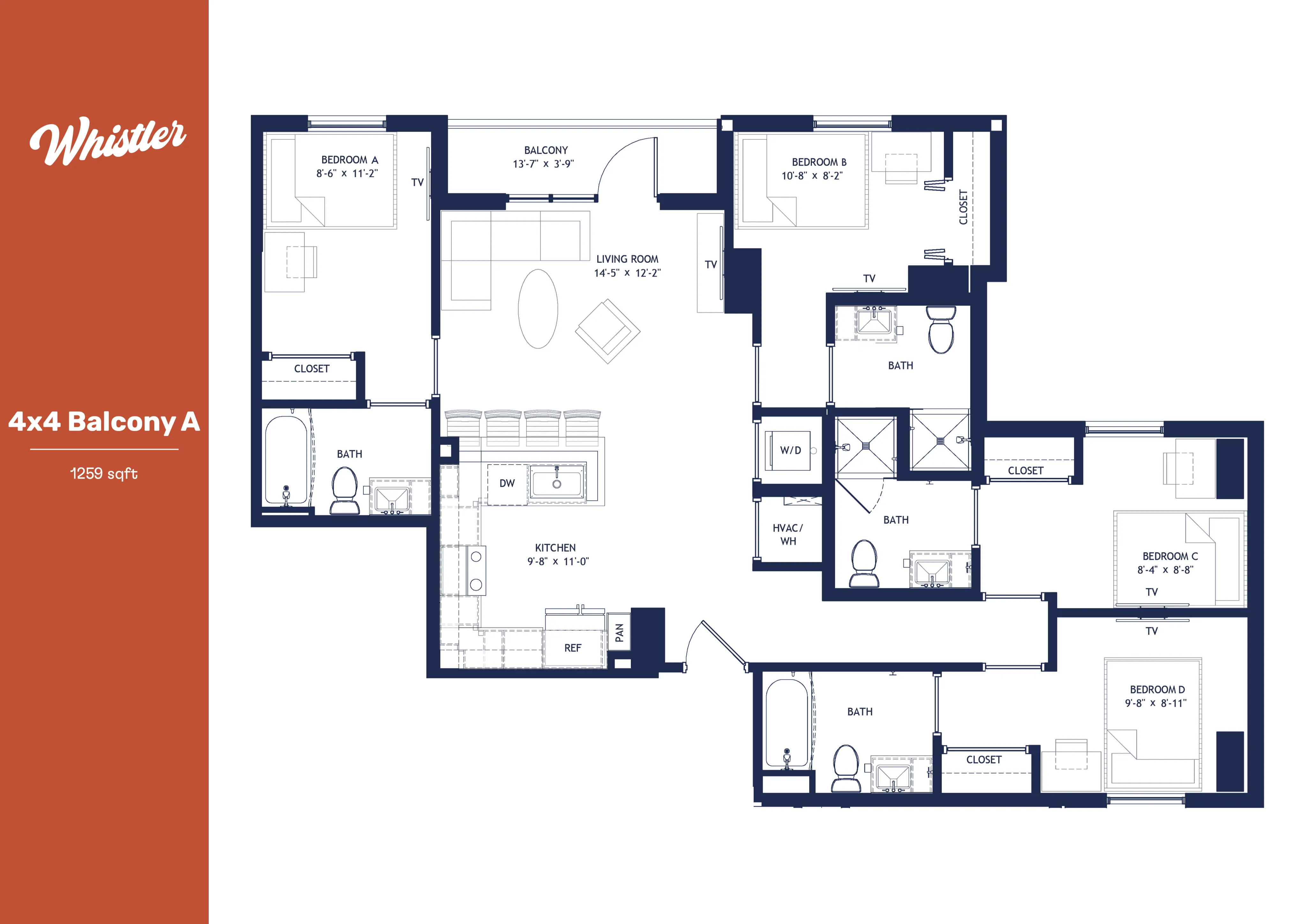 Whistler 4x4 Balcony A floor plan showcasing an elegant 1259 sqft layout with 4 bedrooms, spacious living room, modern kitchen, and inviting balcony.