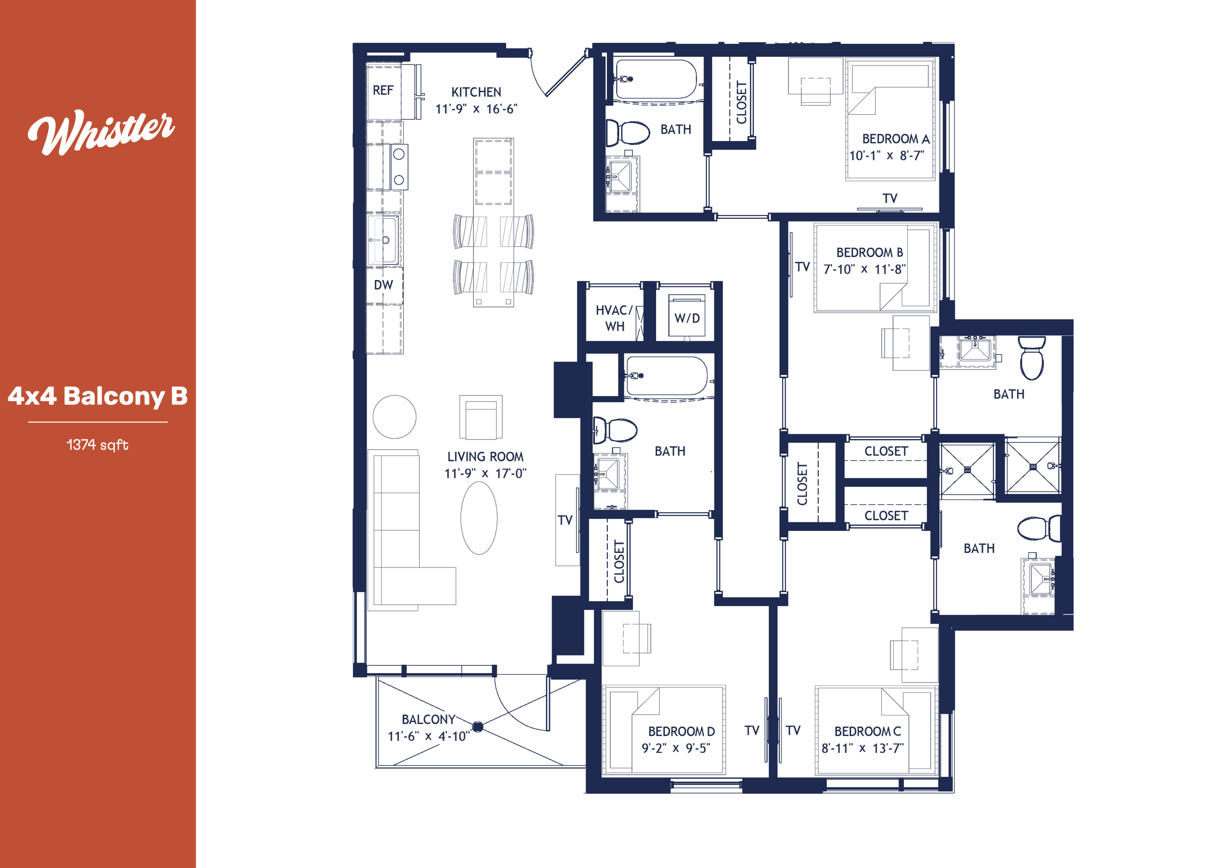 Whistler floor plan showcasing spacious 4-bedroom layout with open living area, modern kitchen, and private balcony, totaling 1374 sq ft.