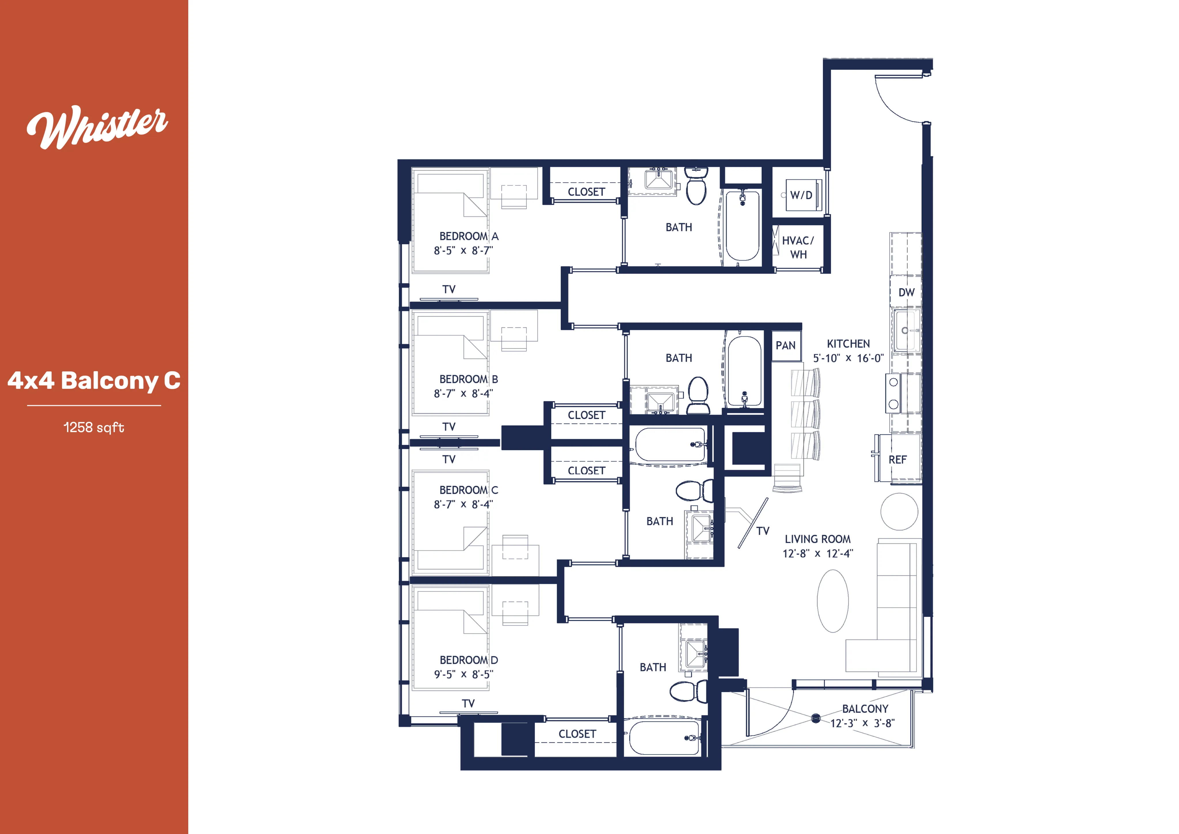 Modern Whistler 4x4 Balcony C floor plan, featuring 4 bedrooms, 4 bathrooms, open kitchen, and spacious living room with balcony; total 1258 sq ft.