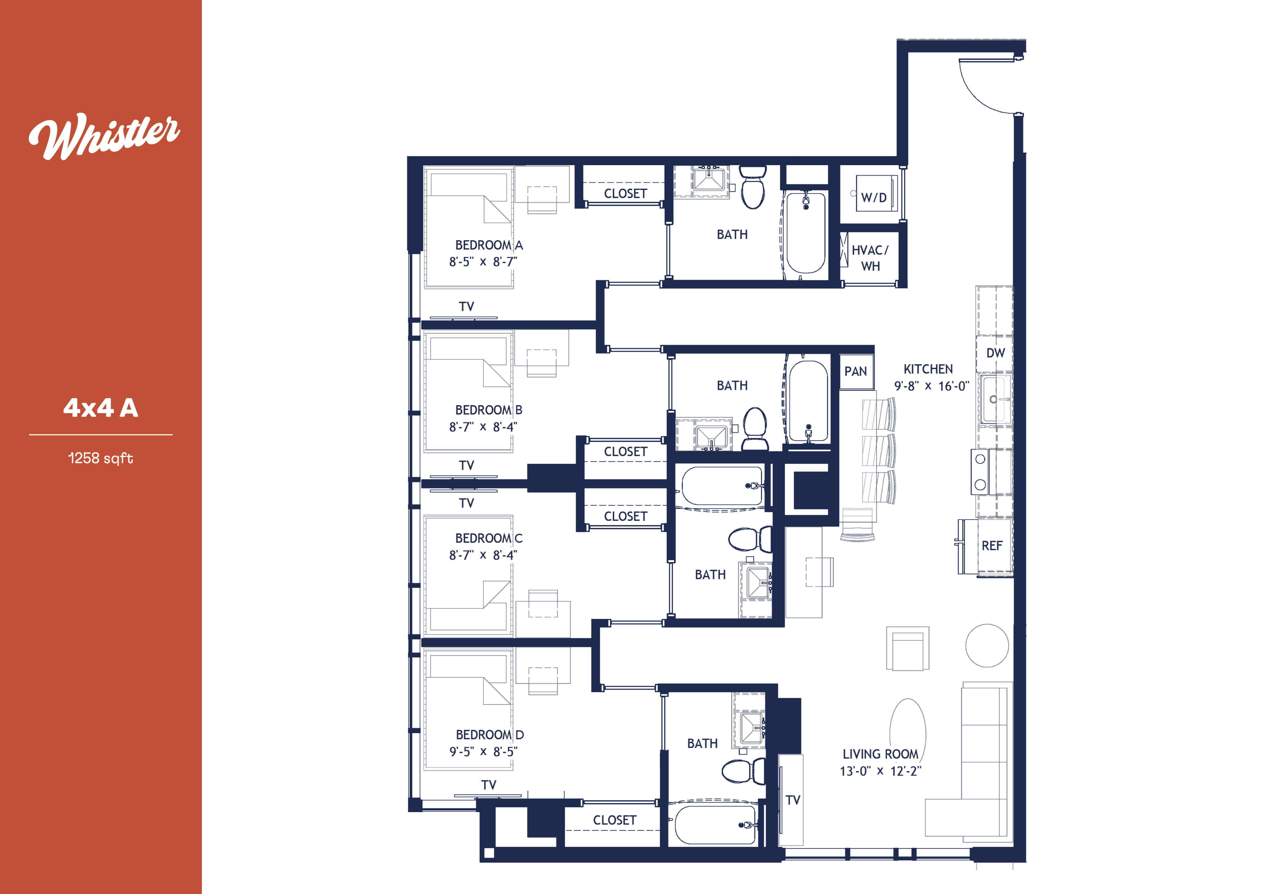 Whistler floor plan 4x4 A with 1258 sq ft, featuring 4 bedrooms, each with a TV, open living room, modern kitchen, and multiple baths for comfort and style.