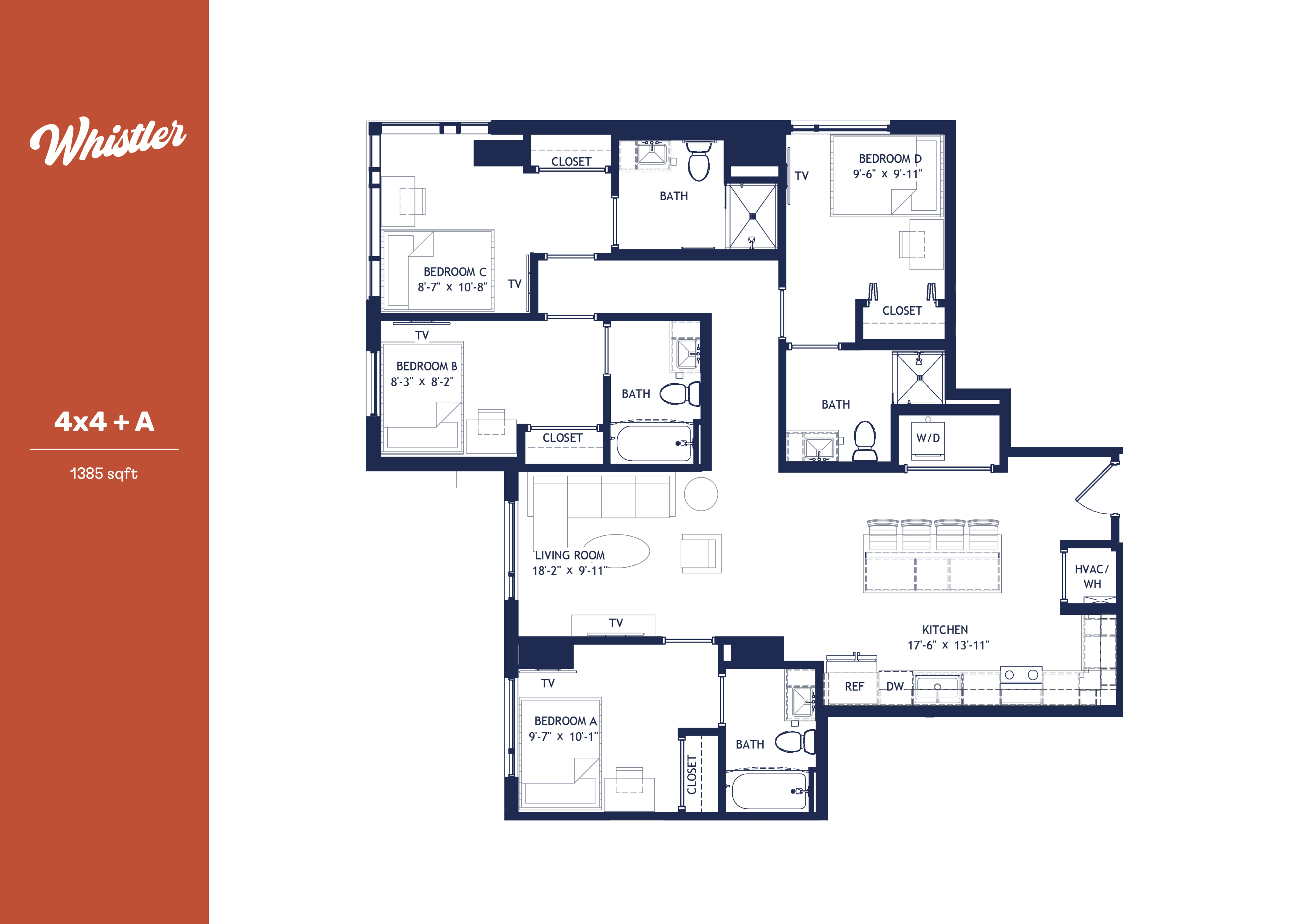 Modern floor plan of 4x4 + A layout showcasing four bedrooms, spacious living room, and contemporary kitchen, 1385 sq ft.