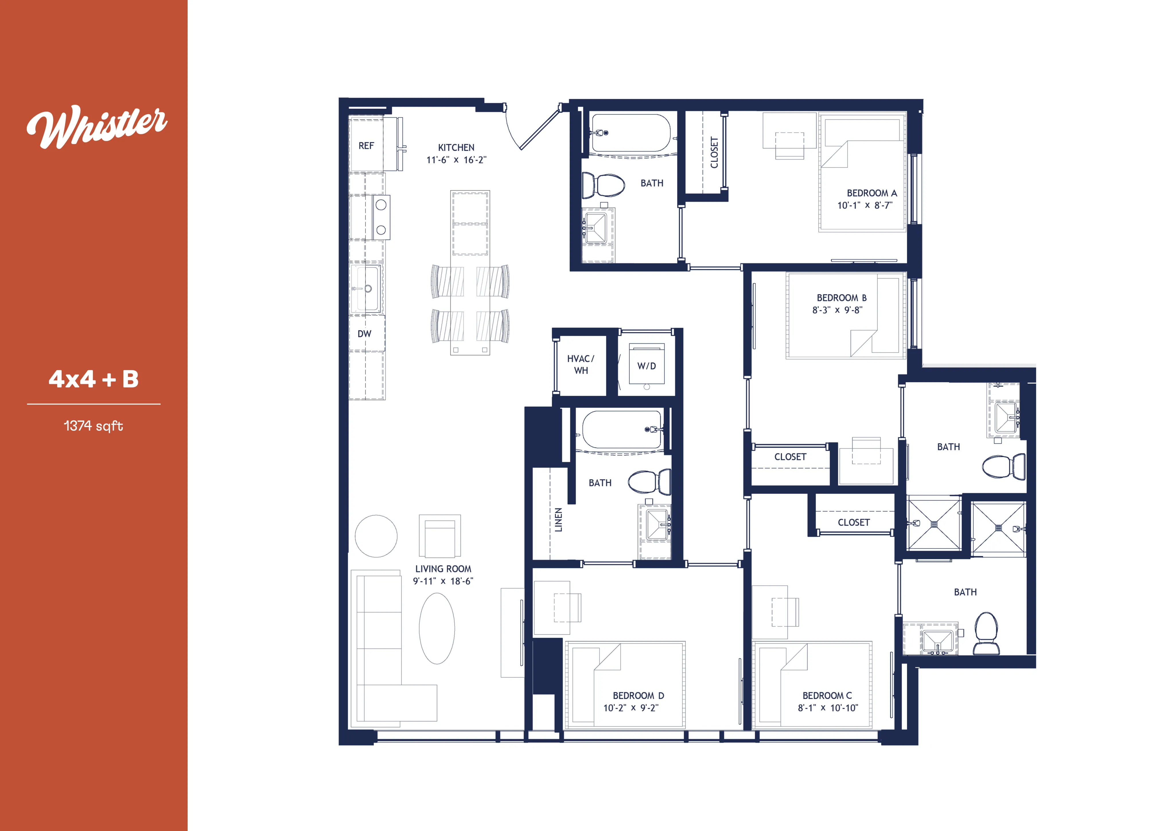 Whistler floor plan showcasing a spacious 4-bedroom, 4-bathroom layout with open kitchen and living area, totaling 1374 sq ft.