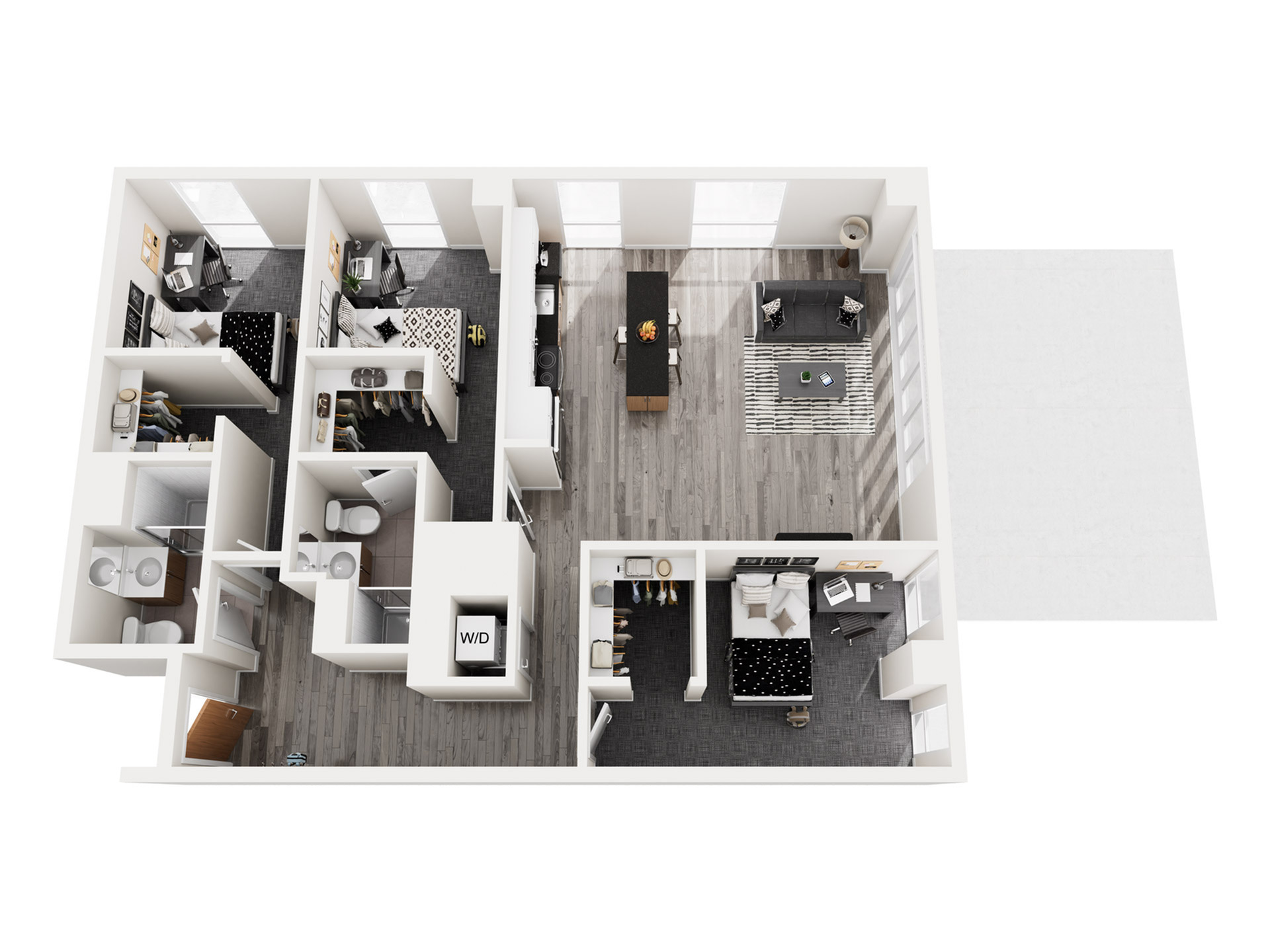 Modern 3D floor plan showcasing three luxurious bedrooms, a chic open living space, and functional kitchen design.