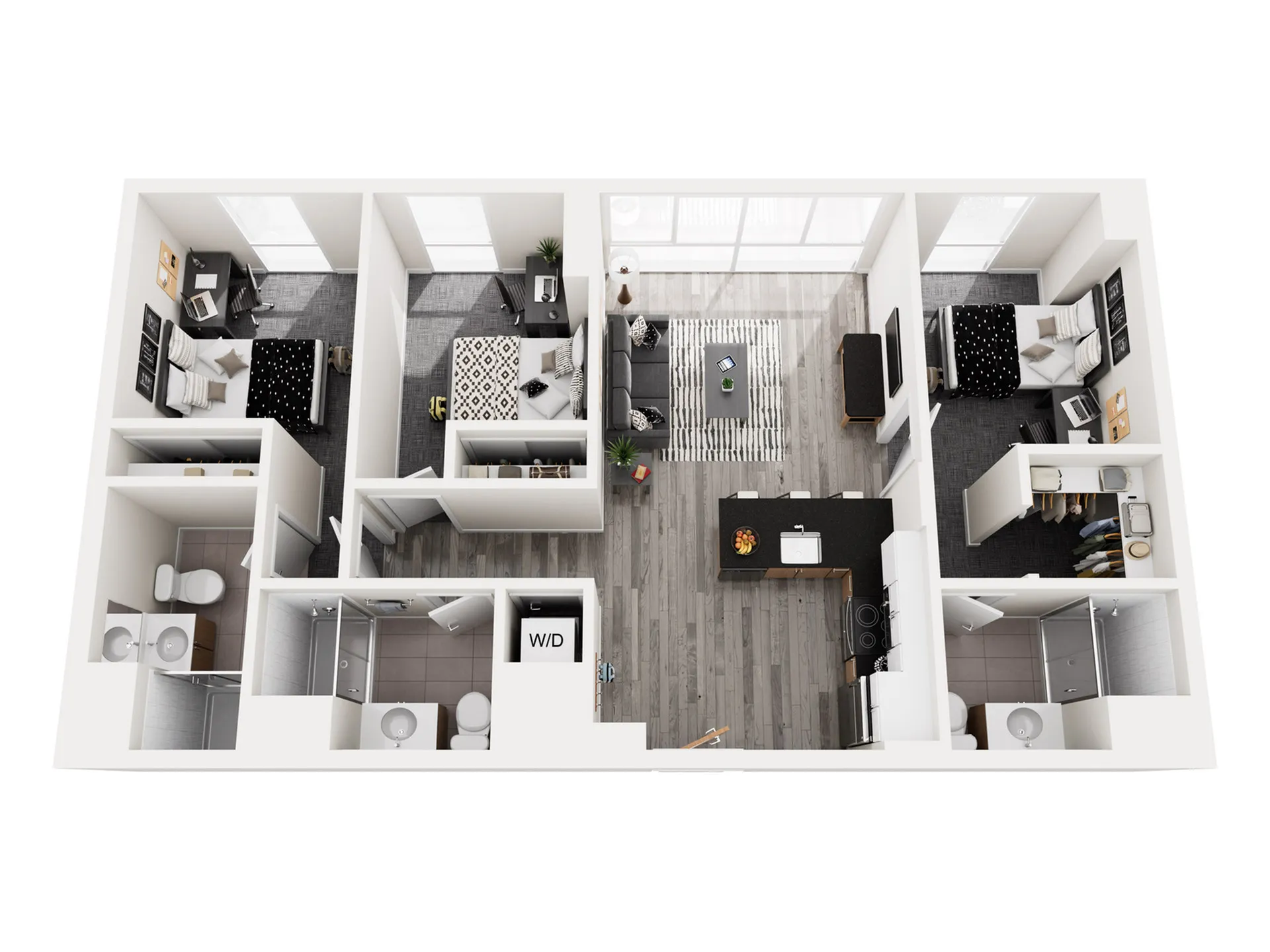 Modern 2D floor plan showcasing three bedrooms, two bathrooms, an open-concept kitchen, and a cozy living area with natural lighting.