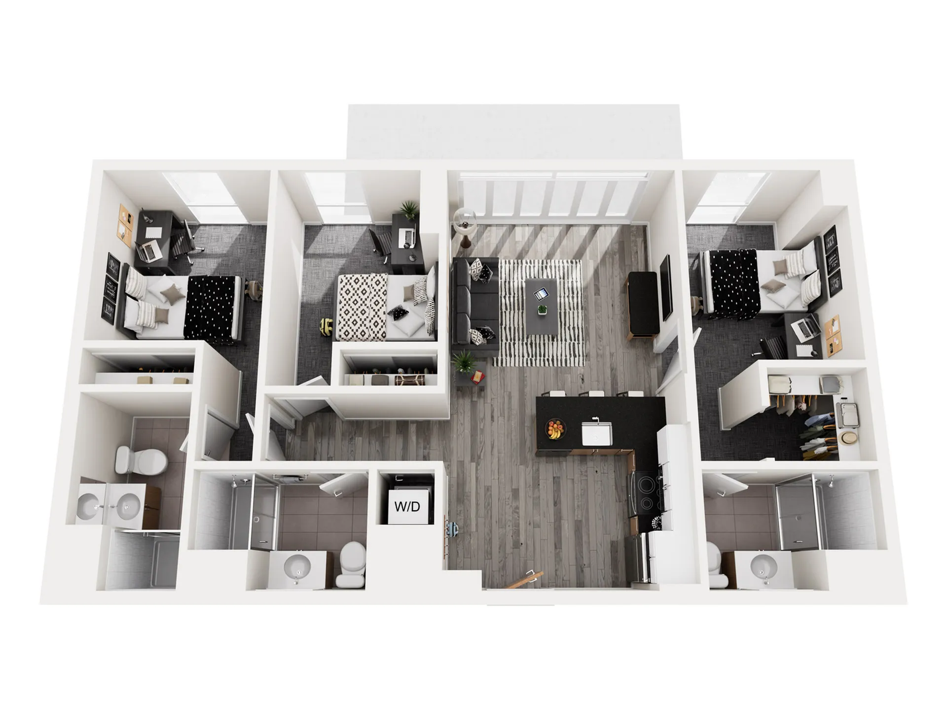Modern apartment floor plan showcasing 3 bedrooms, open-concept living room, sleek kitchen, and two bathrooms.