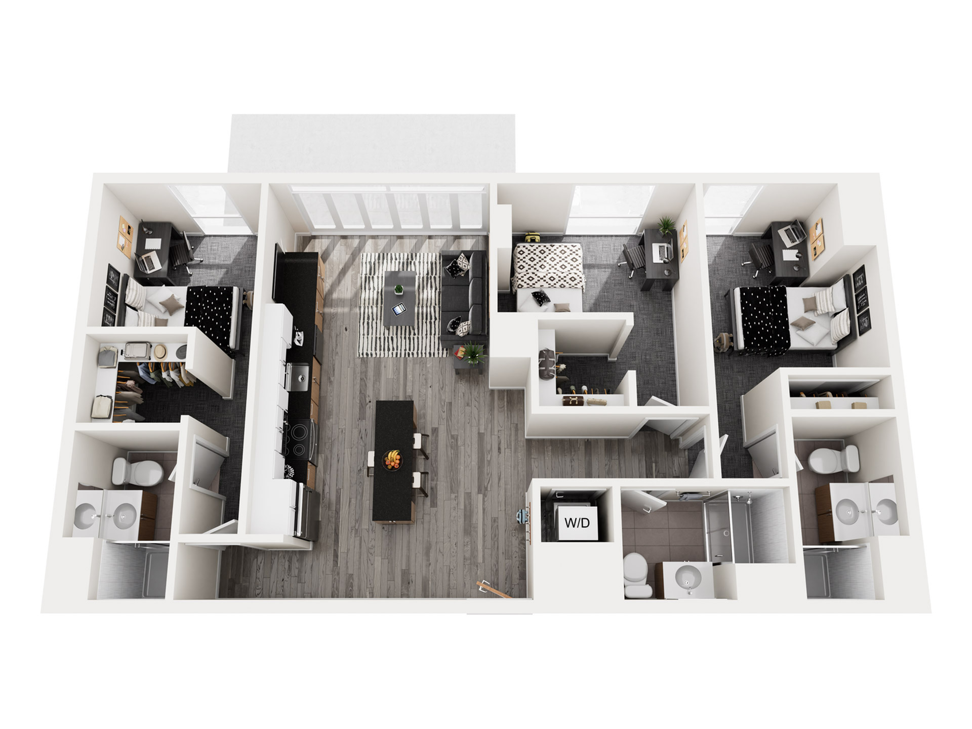 Contemporary 3D floor plan showcasing 3 elegant bedrooms, two modern bathrooms, an open living and dining area, and a sleek kitchen with island counter.