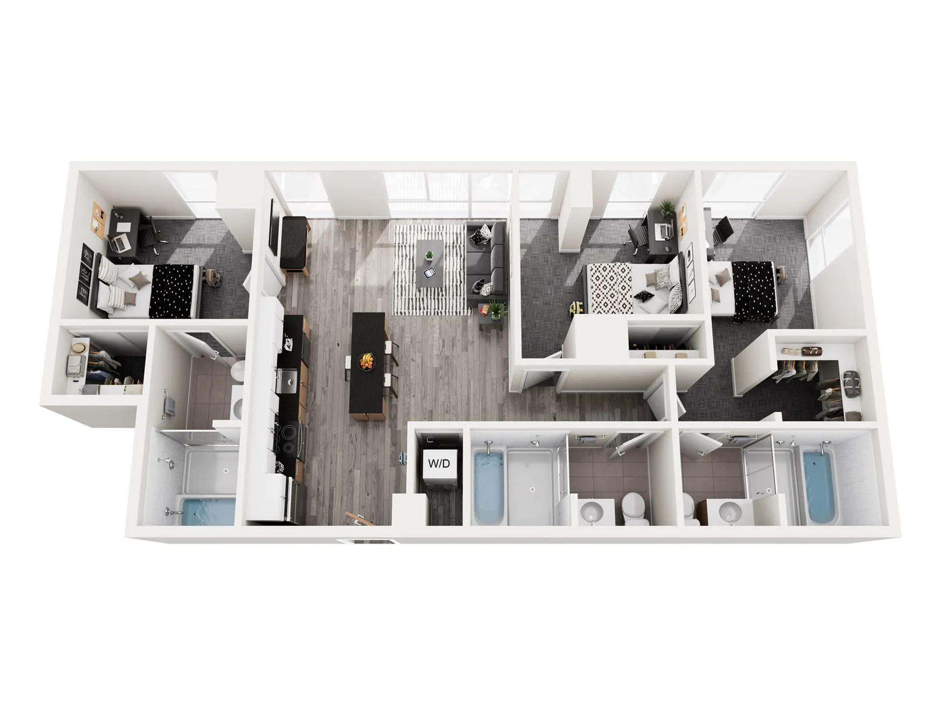 Modern 3D floor plan with three bedrooms, open-concept living and dining area, sleek kitchen, and two elegant bathrooms.