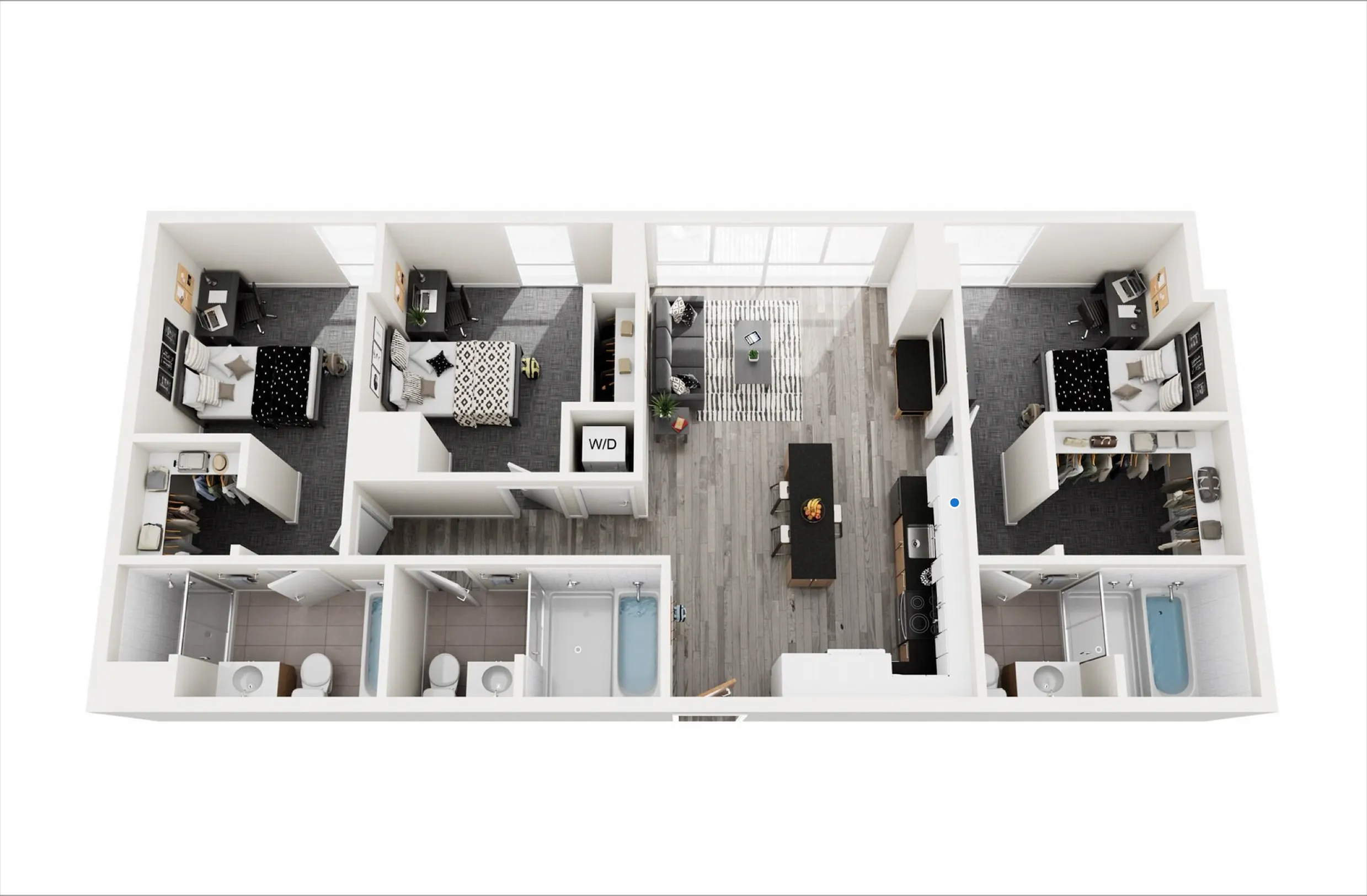 Elegant 3D floor plan showcasing three spacious bedrooms, modern open-concept living area, sleek kitchen with island, and two luxurious bathrooms.