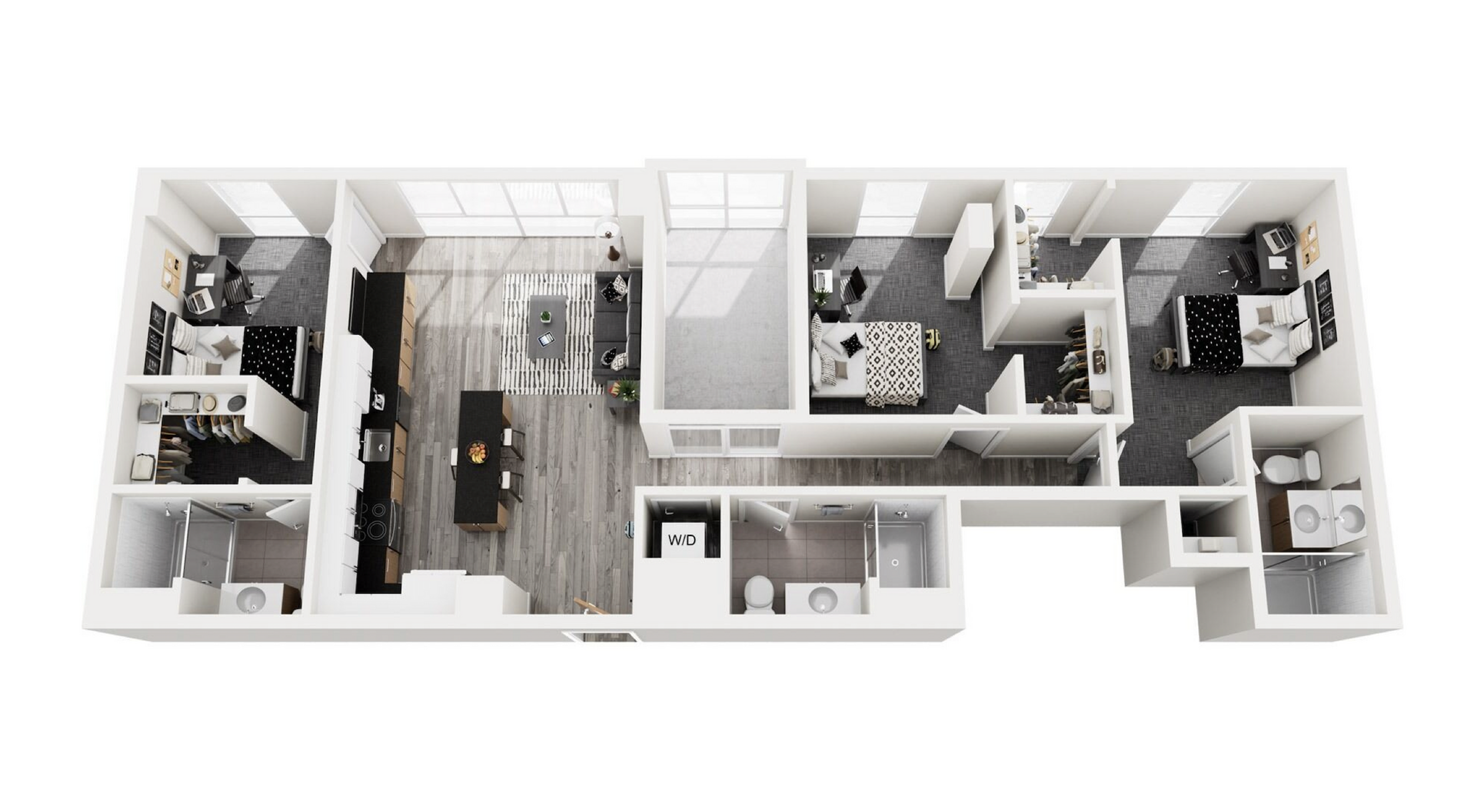 Modern 3D floor plan showcasing 3 bedrooms, a sleek open-concept kitchen, and spacious living area with abundant natural light.