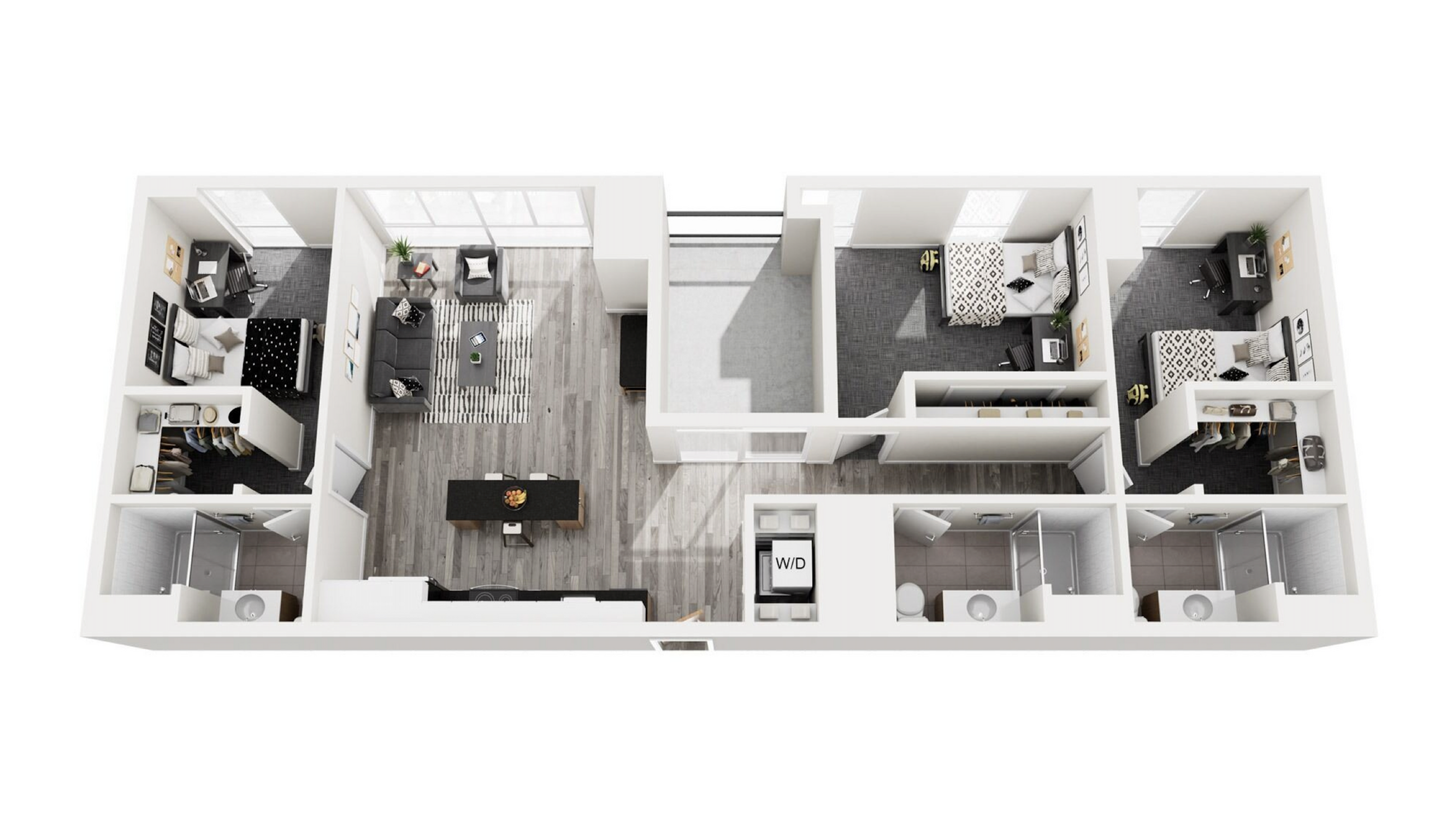 Modern 3D floor plan showcasing a spacious apartment with three bedrooms, two bathrooms, open-concept living area, and a stylish kitchen.