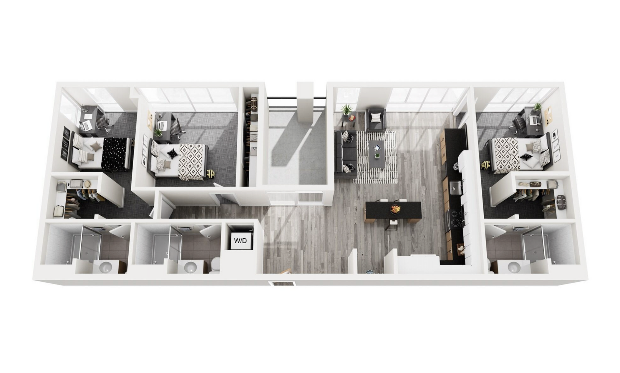 Modern 3D floor plan showcasing 2 spacious bedrooms, open-concept living room, sleek kitchen with island, and dual bathrooms.