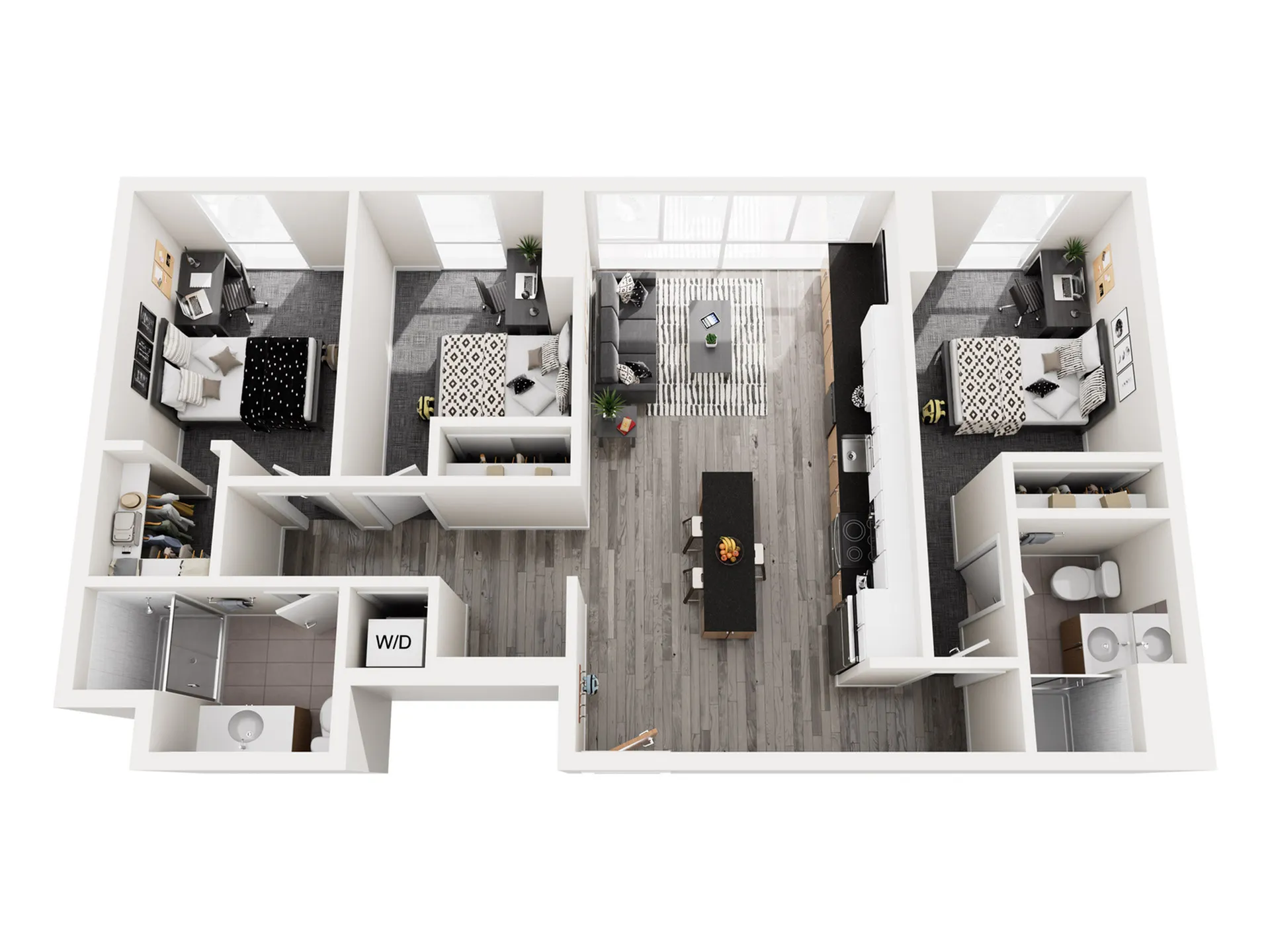 Modern 3D floor plan showcasing 2 bedrooms, 2 bathrooms, an open-concept living and dining area, and a sleek kitchen with island seating.