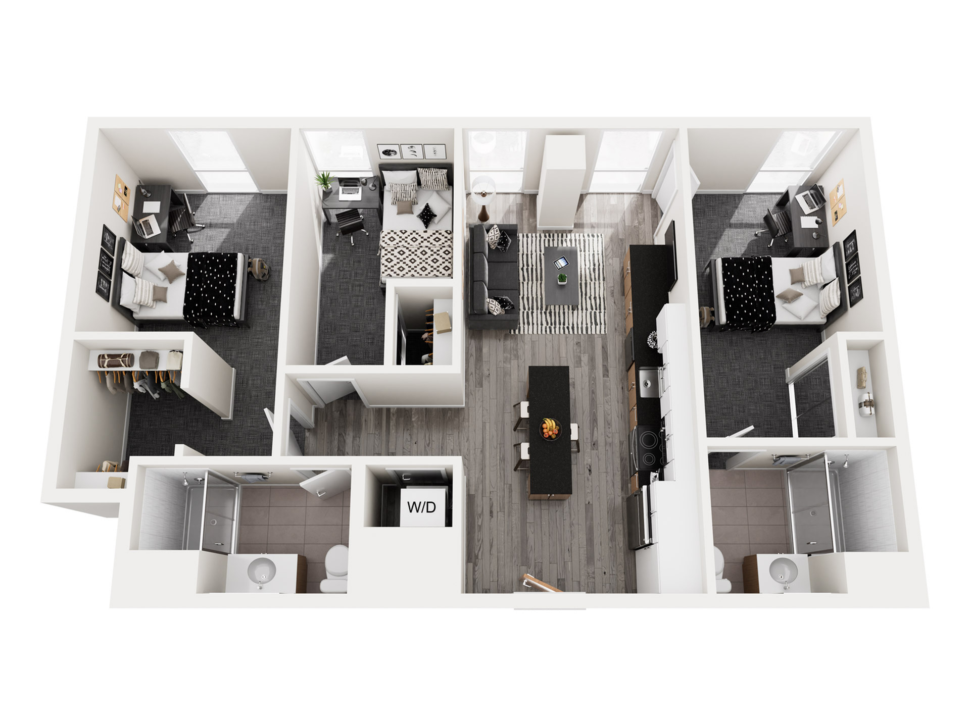 Modern 3D floor plan showcasing 3 bedrooms, sleek kitchen, and inviting living area with stylish decor.