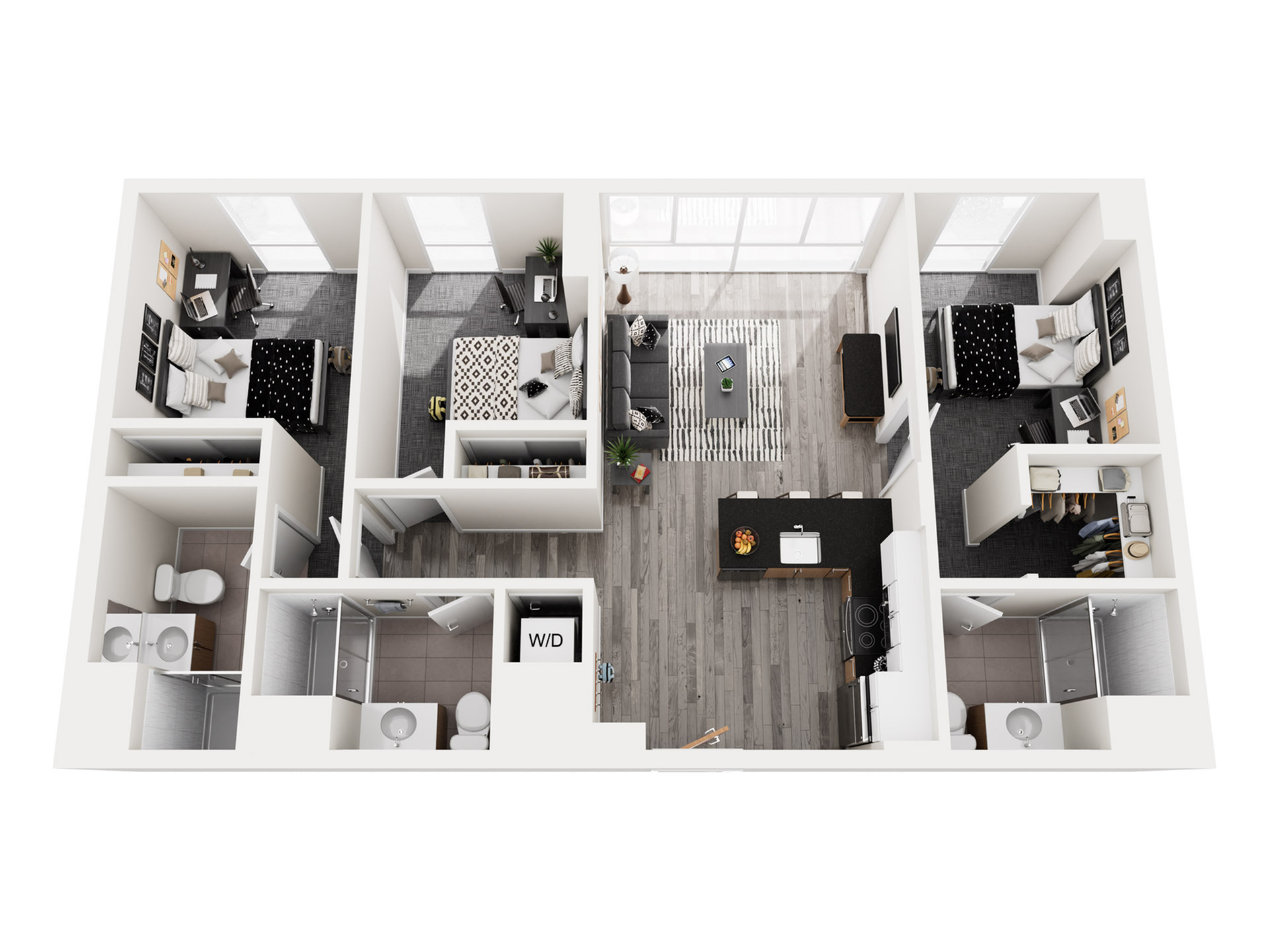 Modern 3D floor plan showcasing 3 bedrooms, a contemporary open kitchen, and a sleek living room, with hardwood flooring and ample natural light.