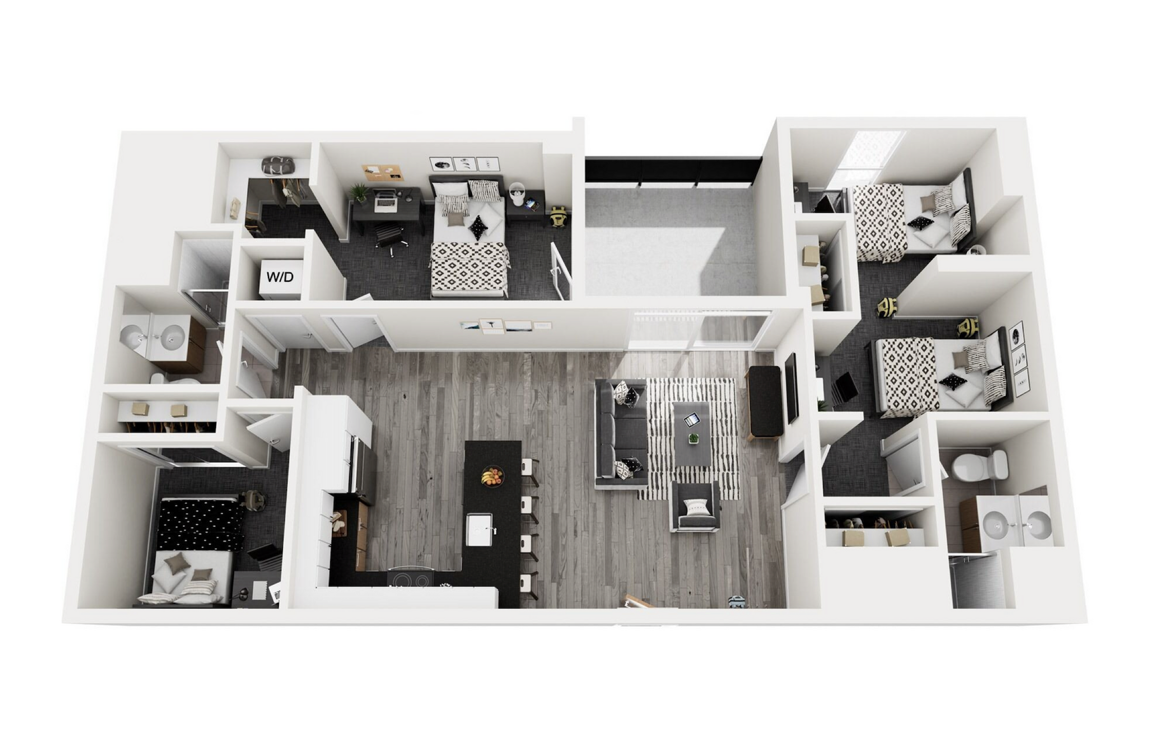 Modern 3D floor plan showcasing an elegant 3-bedroom apartment with an open kitchen, stylish living space, and two bathrooms.