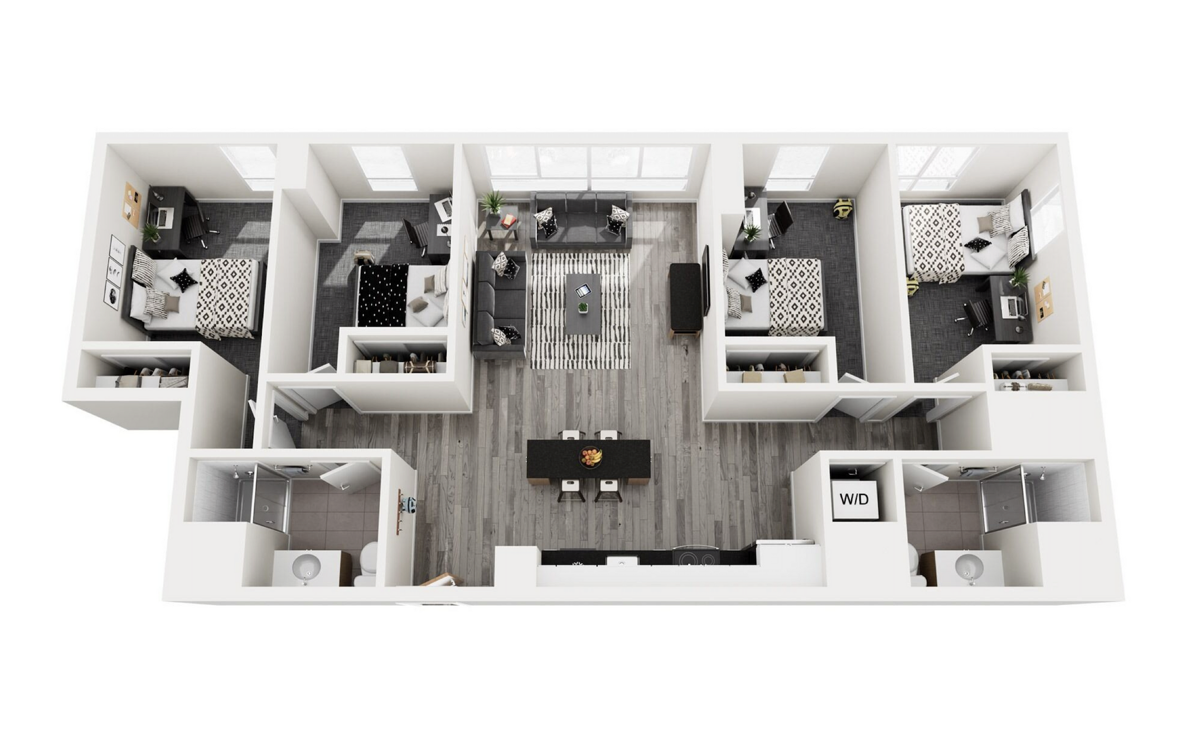 Modern 3D floor plan showcasing 3 bedrooms, open-concept living room, and dining area with elegant finishes.