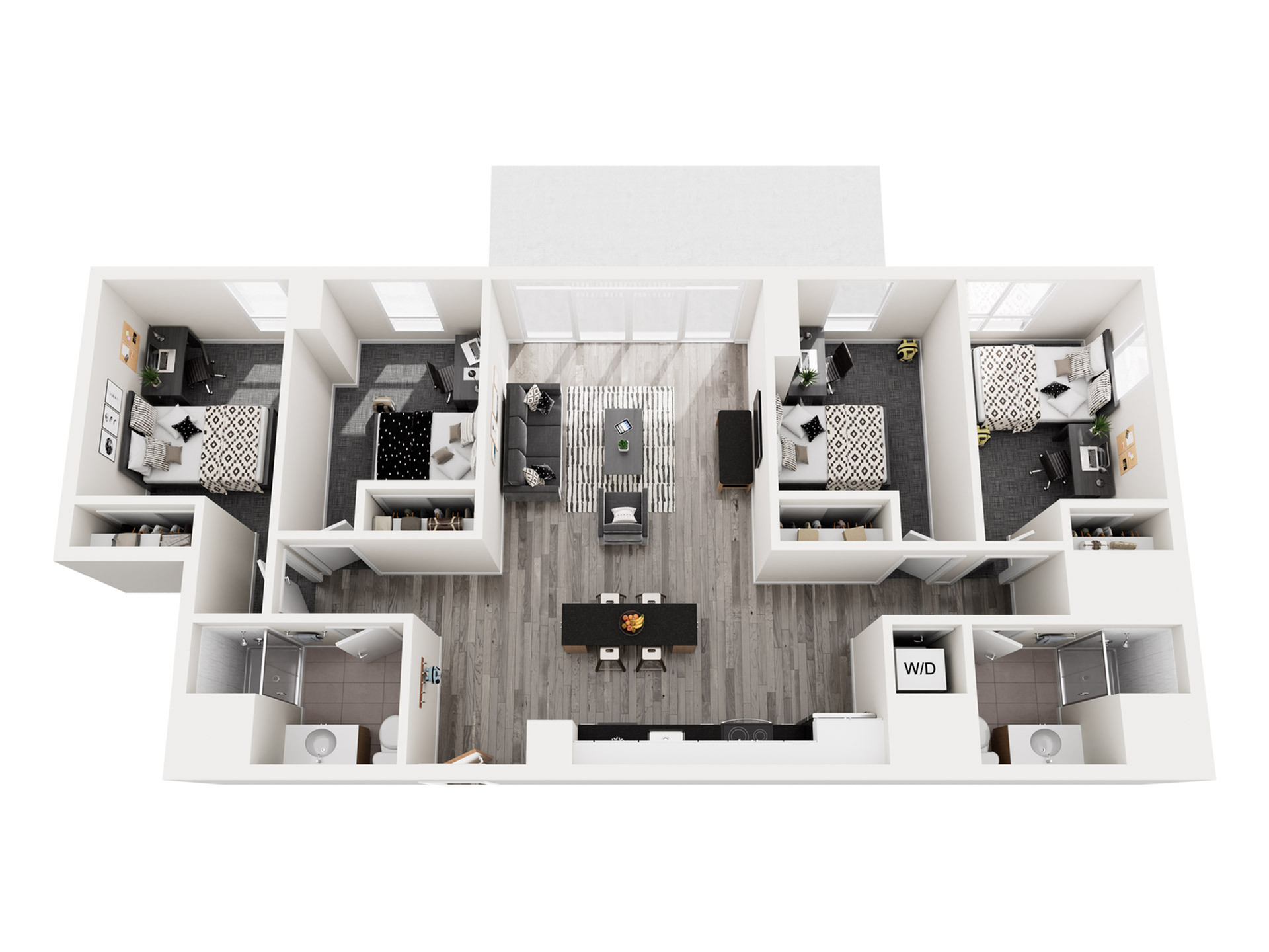 Beautiful 3D floor plan showcasing a modern apartment with three bedrooms, stylish living area, dining space, and a sleek kitchen.
